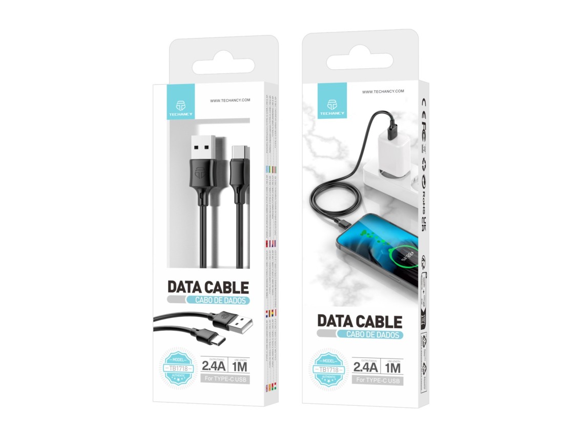 Techancy USB Type-C Data Cable 1M Black TB1725, 2.4A Charging, Compatible with Type-C Mobile Phones