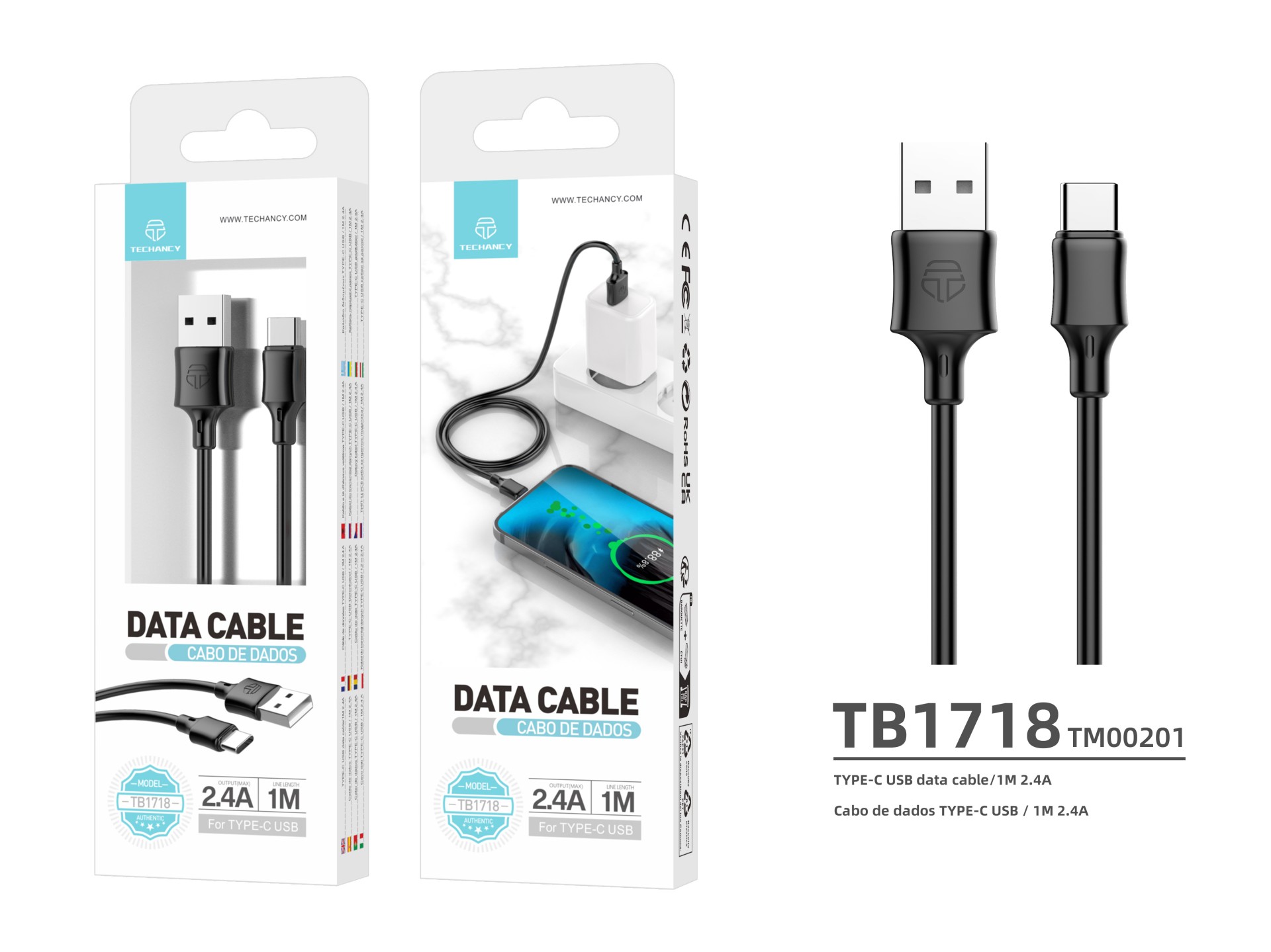 Techancy USB Type-C Data Cable 1M Black TB1725, 2.4A Charging, Compatible with Type-C Mobile Phones