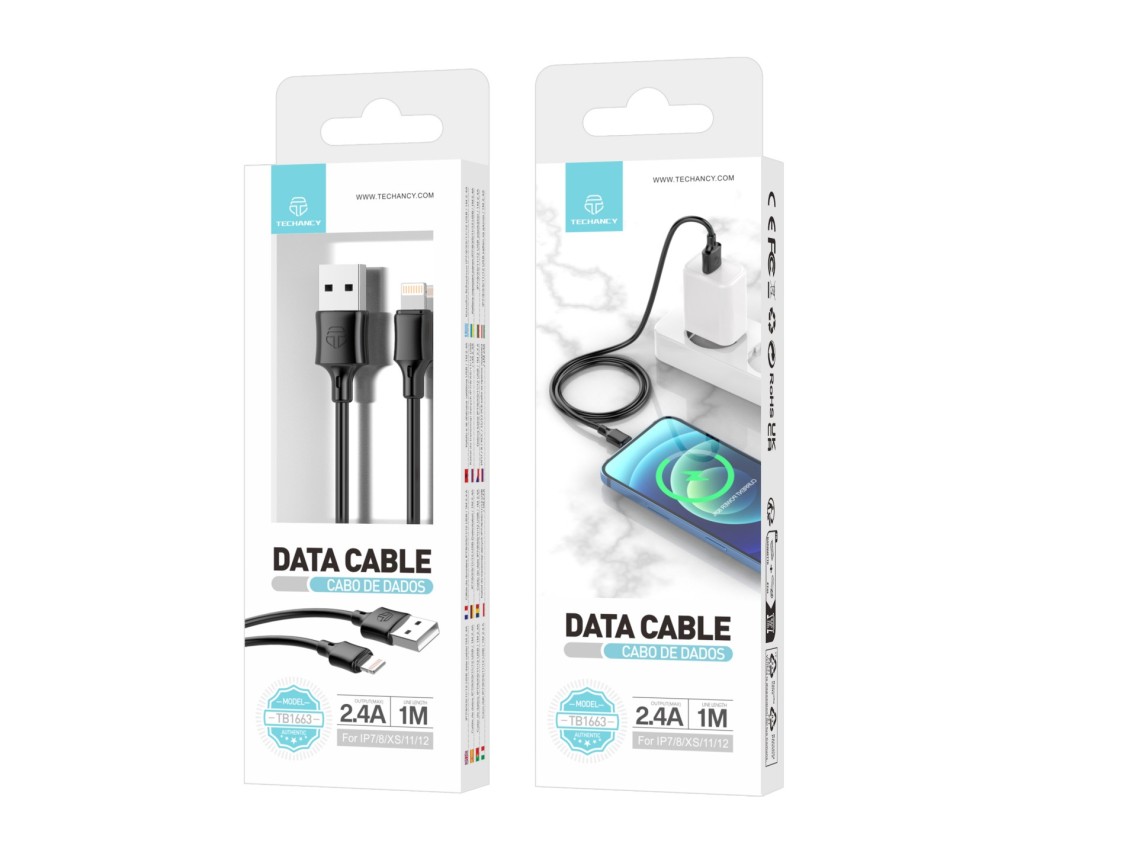 Techancy USB-Lightning Data Cable 1m Black TB1671, 2.4A Charging, Compatible with iPhone/iPad