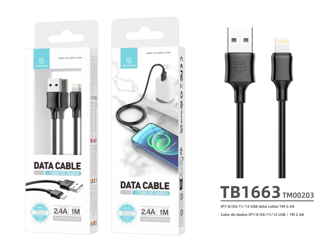 Techancy USB-Lightning Data Cable 1m Black TB1671, 2.4A Charging, Compatible with iPhone/iPad