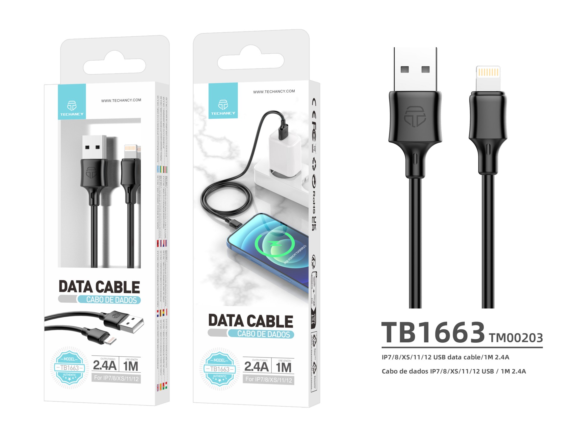 Cable de datos USB-Lightning Techancy de 1 m, negro TB1671, carga de 2,4 A, compatible con iPhone/iP