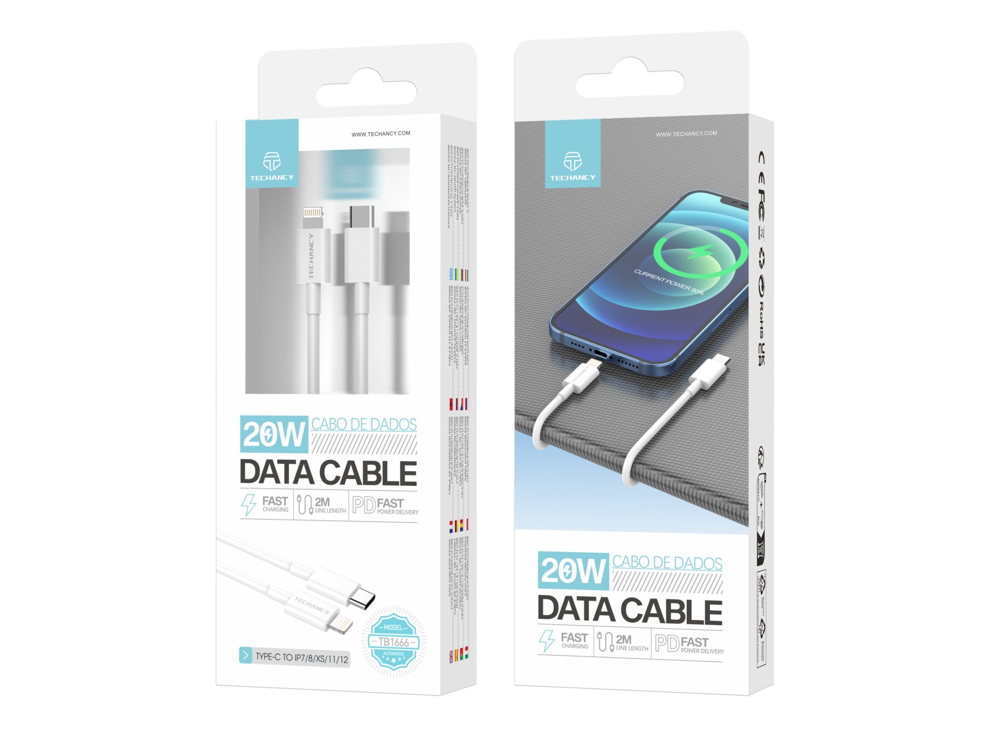 Techancy White Data Cable 20w TB1666, Compatible with iPhone 7 Up to 14, Fast PD Charging, Durable,