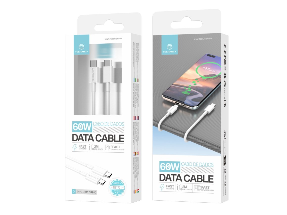 Techancy Data Cable TB1721 White, Type-C to Type-C, Fast Charging 60w, 2m, Data Transmission