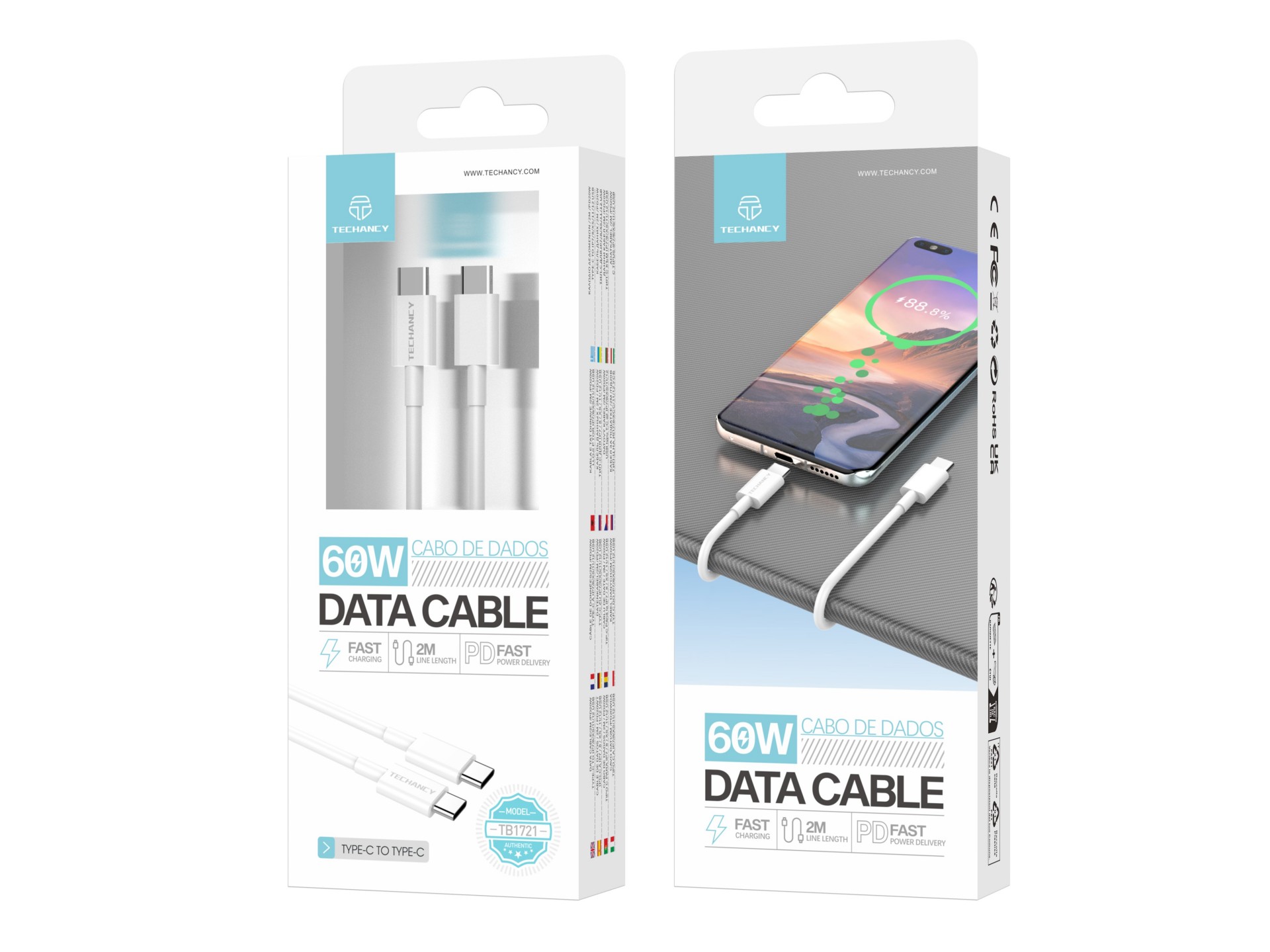 Techancy Data Cable TB1721 White, Type-C to Type-C, Fast Charging 60w, 2m, Data Transmission