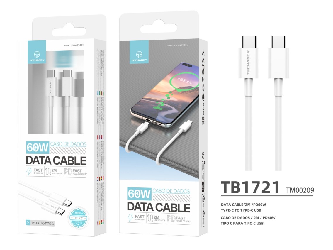 Techancy Data Cable TB1721 White, Type-C to Type-C, Fast Charging 60w, 2m, Data Transmission