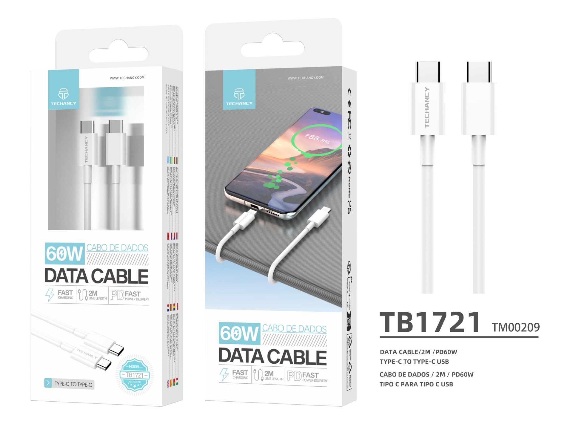 Techancy Data Cable TB1721 White, Type-C to Type-C, Fast Charging 60w, 2m, Data Transmission