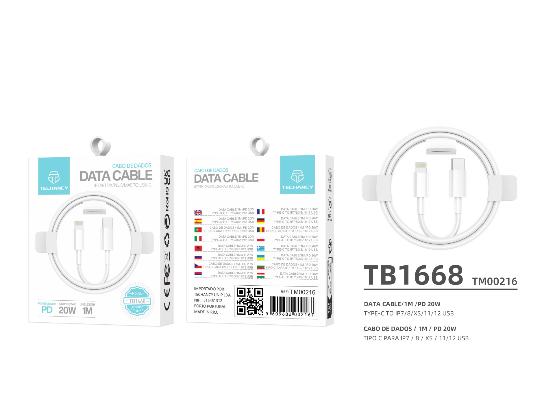 Techancy PD Fast Charging Data Cable 20W 1m TB1668, USB C-IP8/X/11-14 Interface, Compatible with iPh