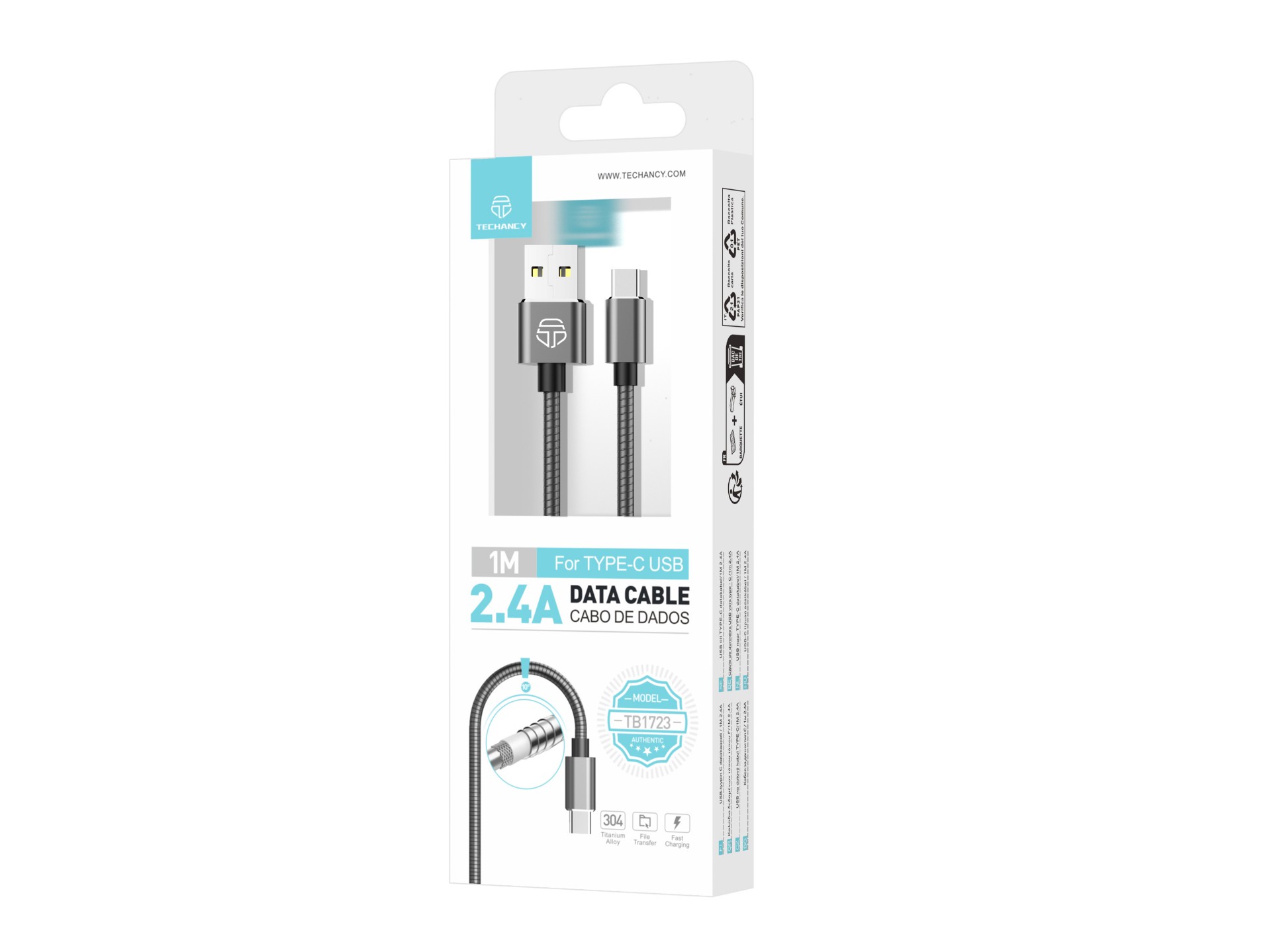Techancy Aluminum Data Cable 1m TB1662, All-Metal Design, USB-Type C, 2.4A Charging.