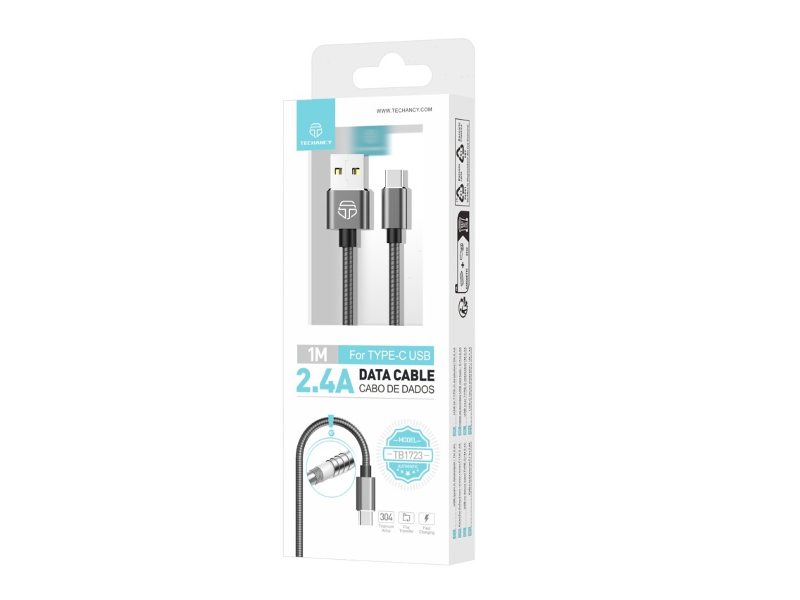 Techancy Aluminum Data Cable 1m TB1662, All-Metal Design, USB-Type C, 2.4A Charging.
