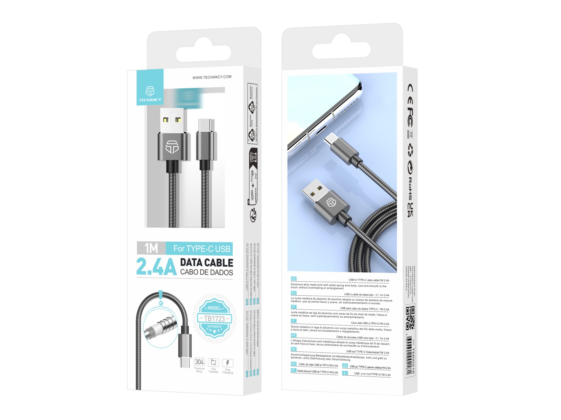 Techancy Aluminum Data Cable 1m TB1662, All-Metal Design, USB-Type C, 2.4A Charging.