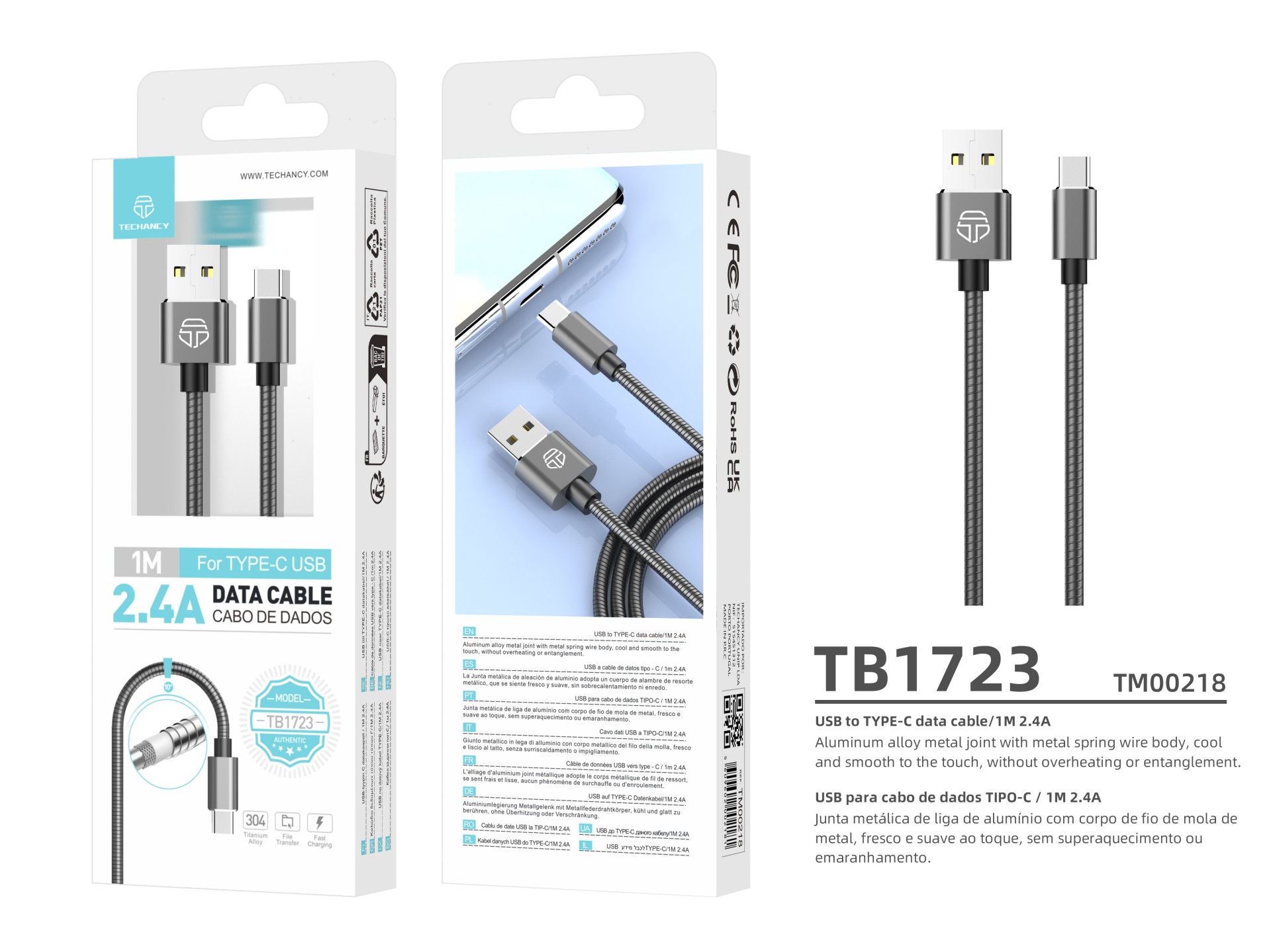 Techancy Aluminum Data Cable 1m TB1662, All-Metal Design, USB-Type C, 2.4A Charging.