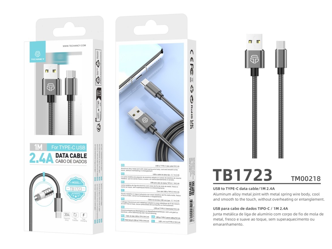 Techancy Aluminum Data Cable 1m TB1662, All-Metal Design, USB-Type C, 2.4A Charging.