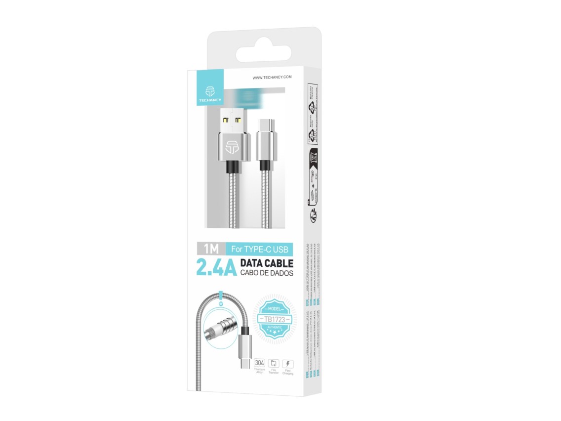 Techancy Aluminum Data Cable 1m TB1662, All-Metal Design, USB-Type C, 2.4A Charging.