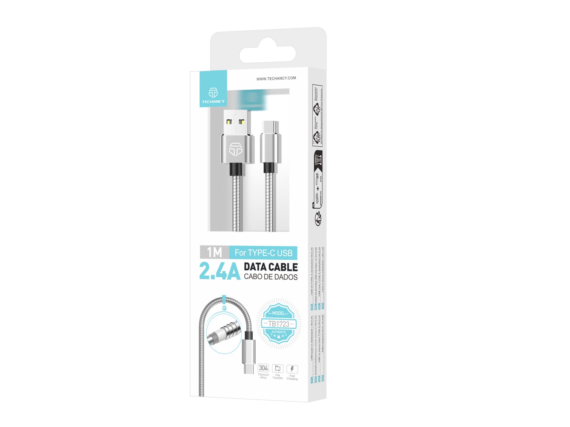 Techancy Aluminum Data Cable 1m TB1662, All-Metal Design, USB-Type C, 2.4A Charging.