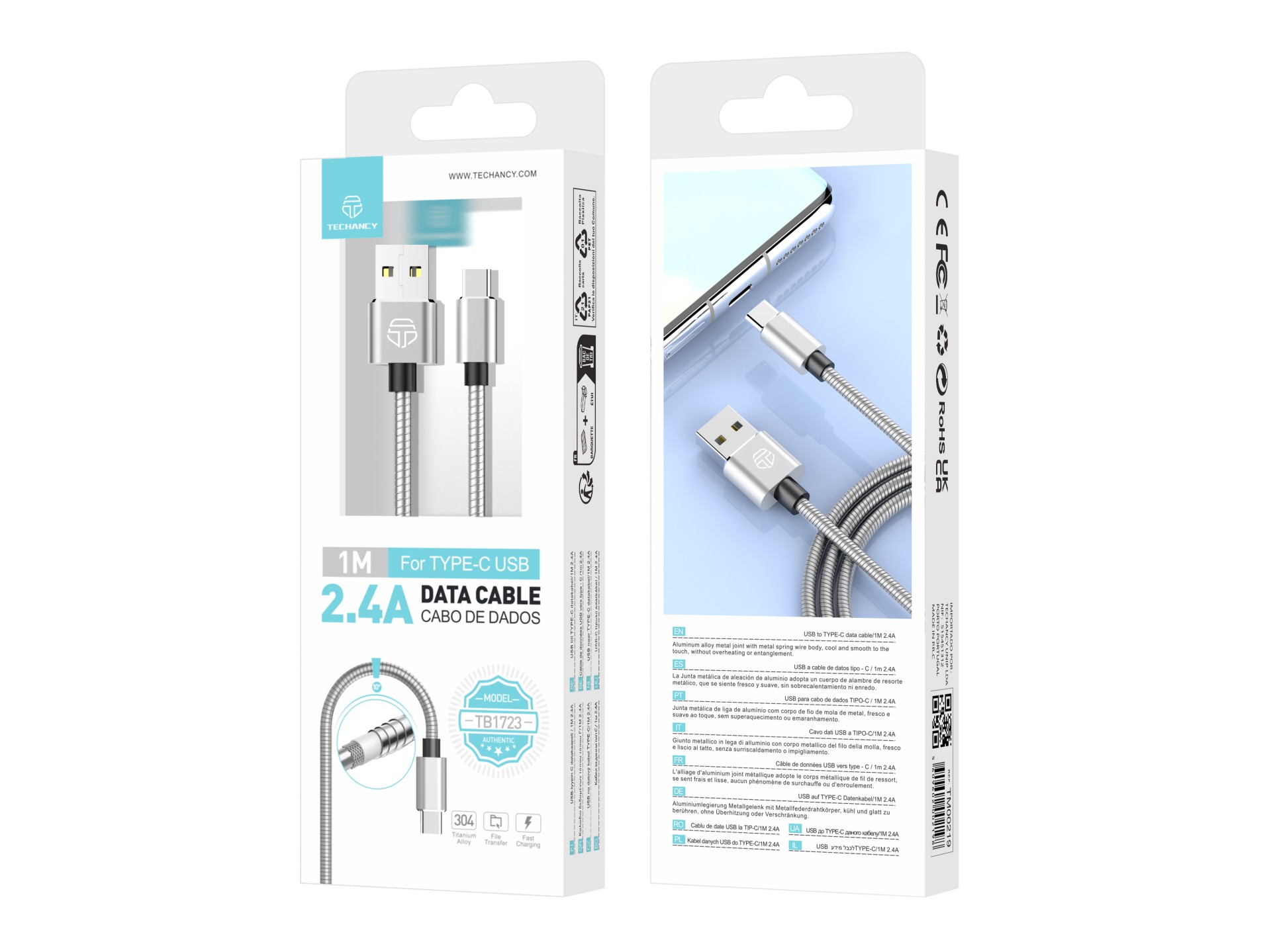 Techancy Aluminum Data Cable 1m TB1662, All-Metal Design, USB-Type C, 2.4A Charging.