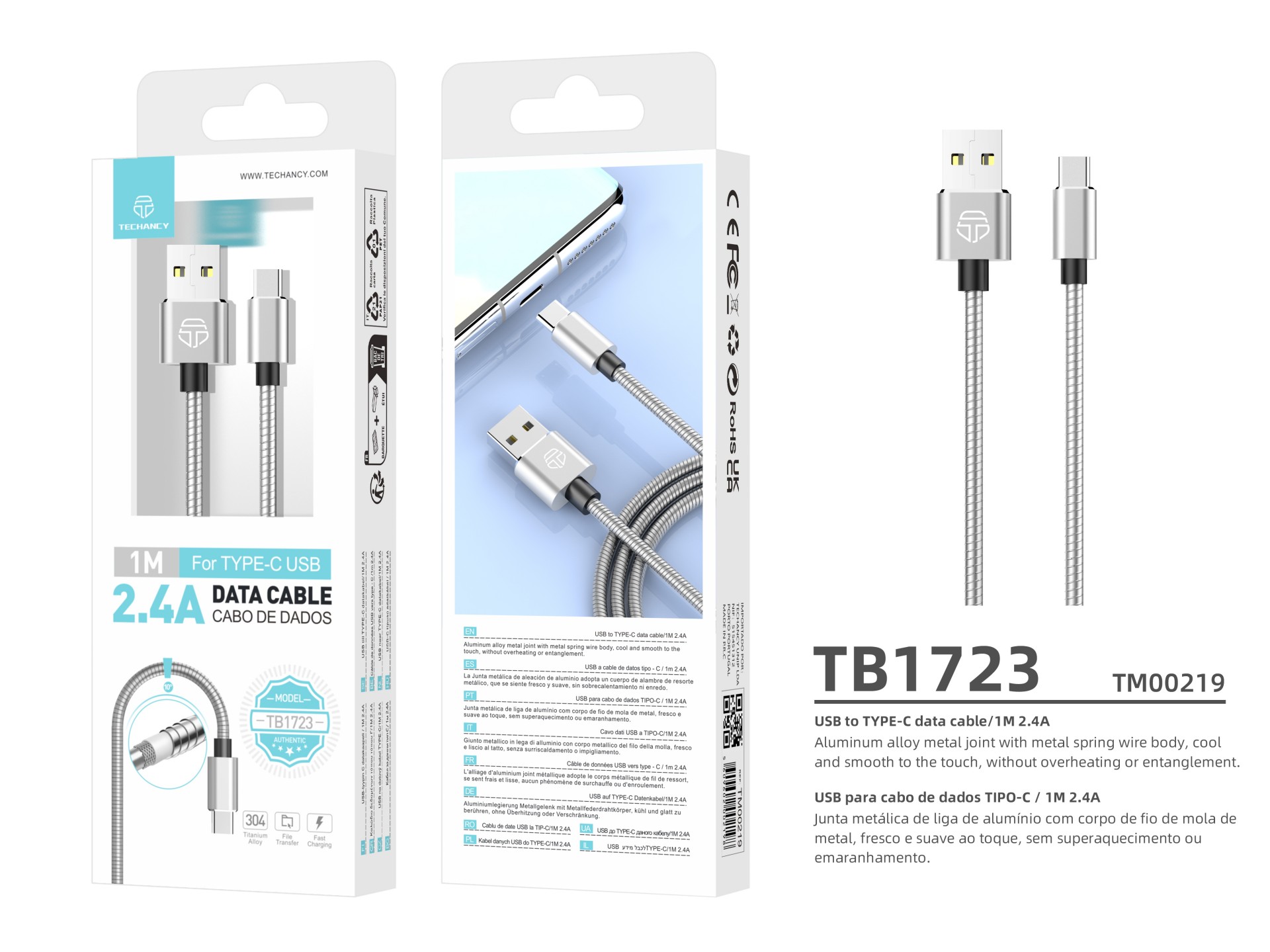 Techancy Aluminum Data Cable 1m TB1662, All-Metal Design, USB-Type C, 2.4A Charging.