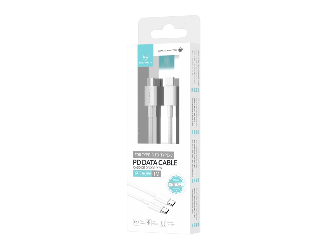 Techancy Cabo De Carregamento R�pido Usb-C Para Usb-C TB1724, 1 M Branco, Suporta Carregamento R�pid