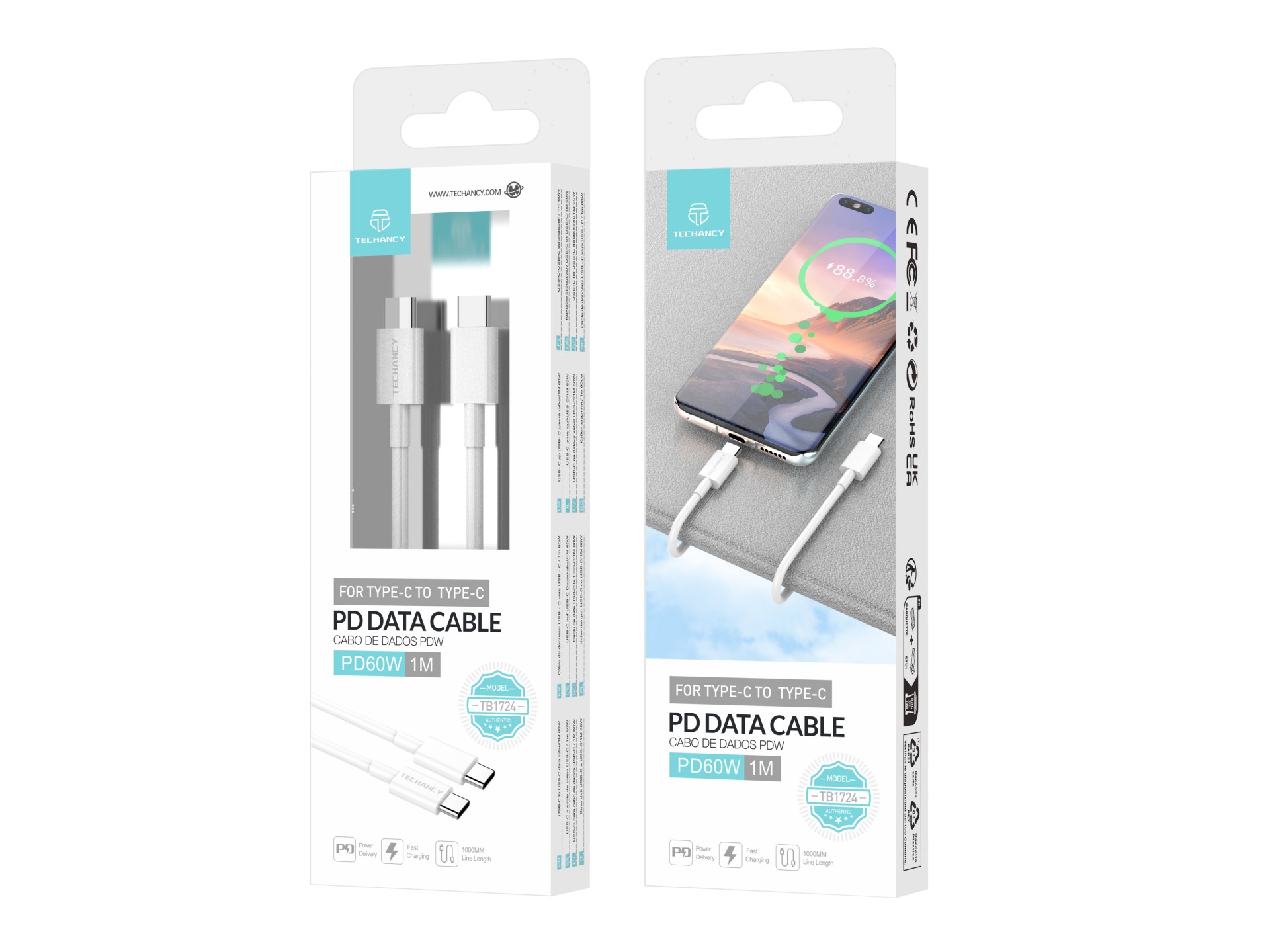 Techancy USB-C to USB-C Fast Charging Cable TB1724, 1 M White, Supports 60 W and PD Fast Charging Da