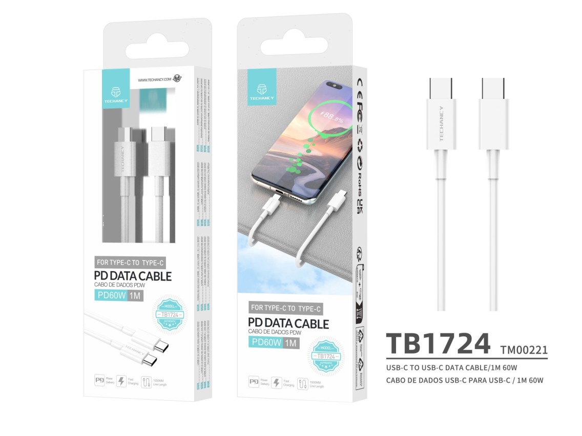 Techancy Cabo De Carregamento R�pido Usb-C Para Usb-C TB1724, 1 M Branco, Suporta Carregamento R�pid