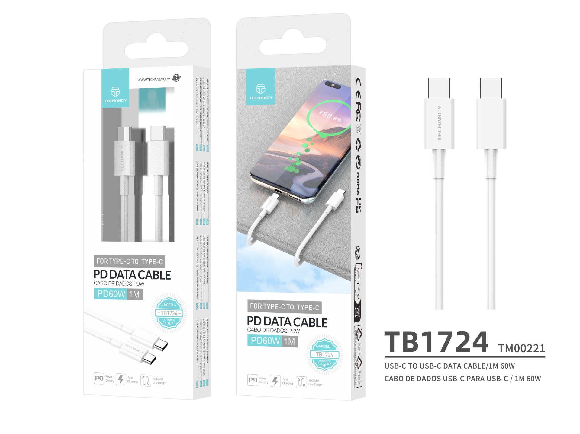 Techancy USB-C to USB-C Fast Charging Cable TB1724, 1 M White, Supports 60 W and PD Fast Charging Da