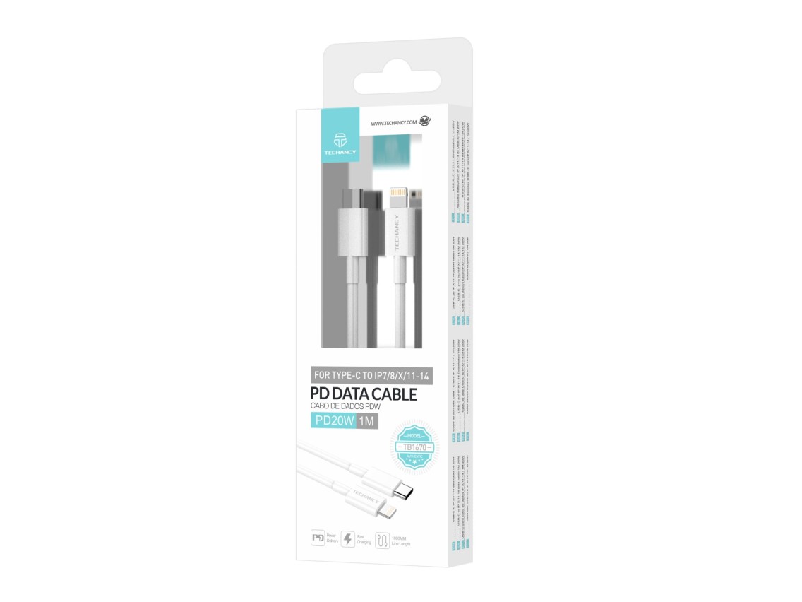 Techancy USB-C to Lightning Data Cable TB1670, 20W Fast Charging, 1 Meter, White, Compatible with iP