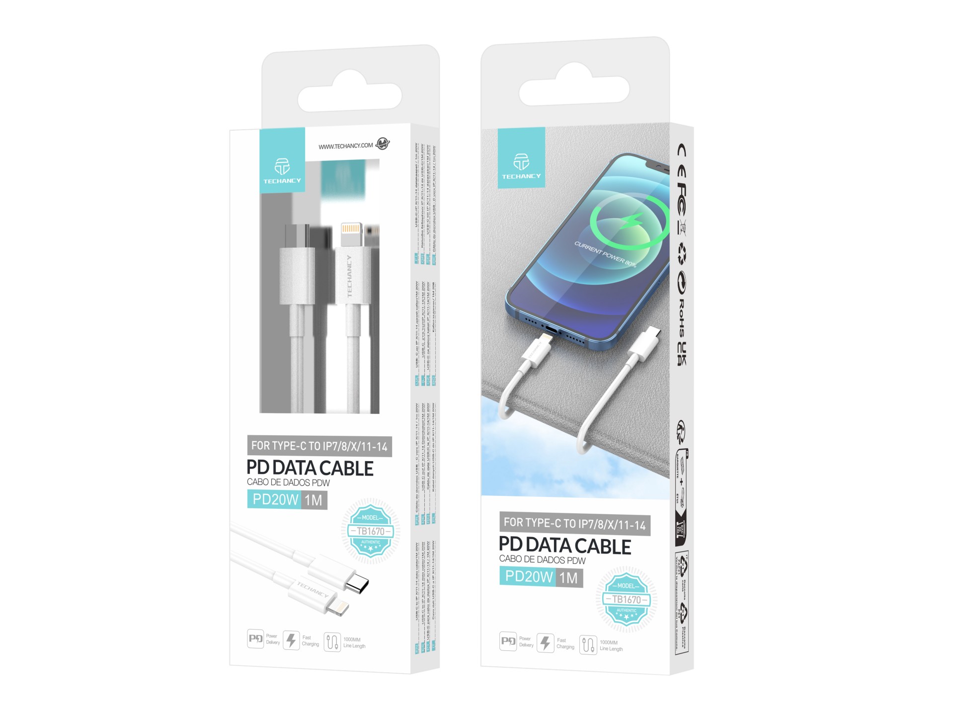 Techancy USB-C to Lightning Data Cable TB1670, 20W Fast Charging, 1 Meter, White, Compatible with iP