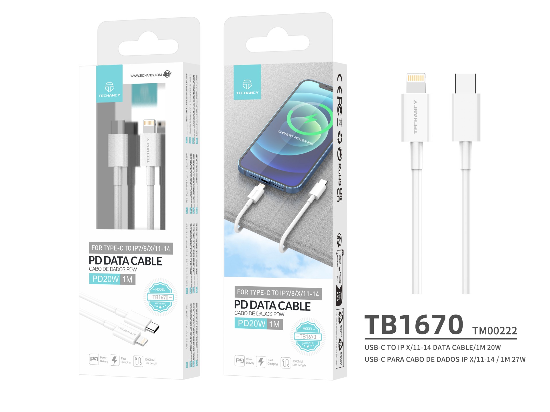 Techancy USB-C to Lightning Data Cable TB1670, 20W Fast Charging, 1 Meter, White, Compatible with iP