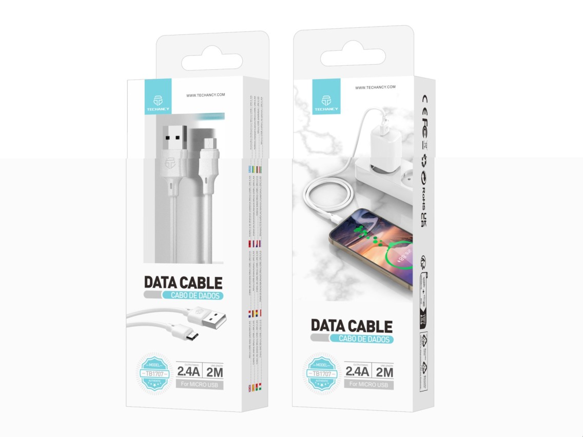 Cable de datos USB-Micro blanco Techancy TB1707, 2 m de largo, carga de 2,4 A, compatible con dispos