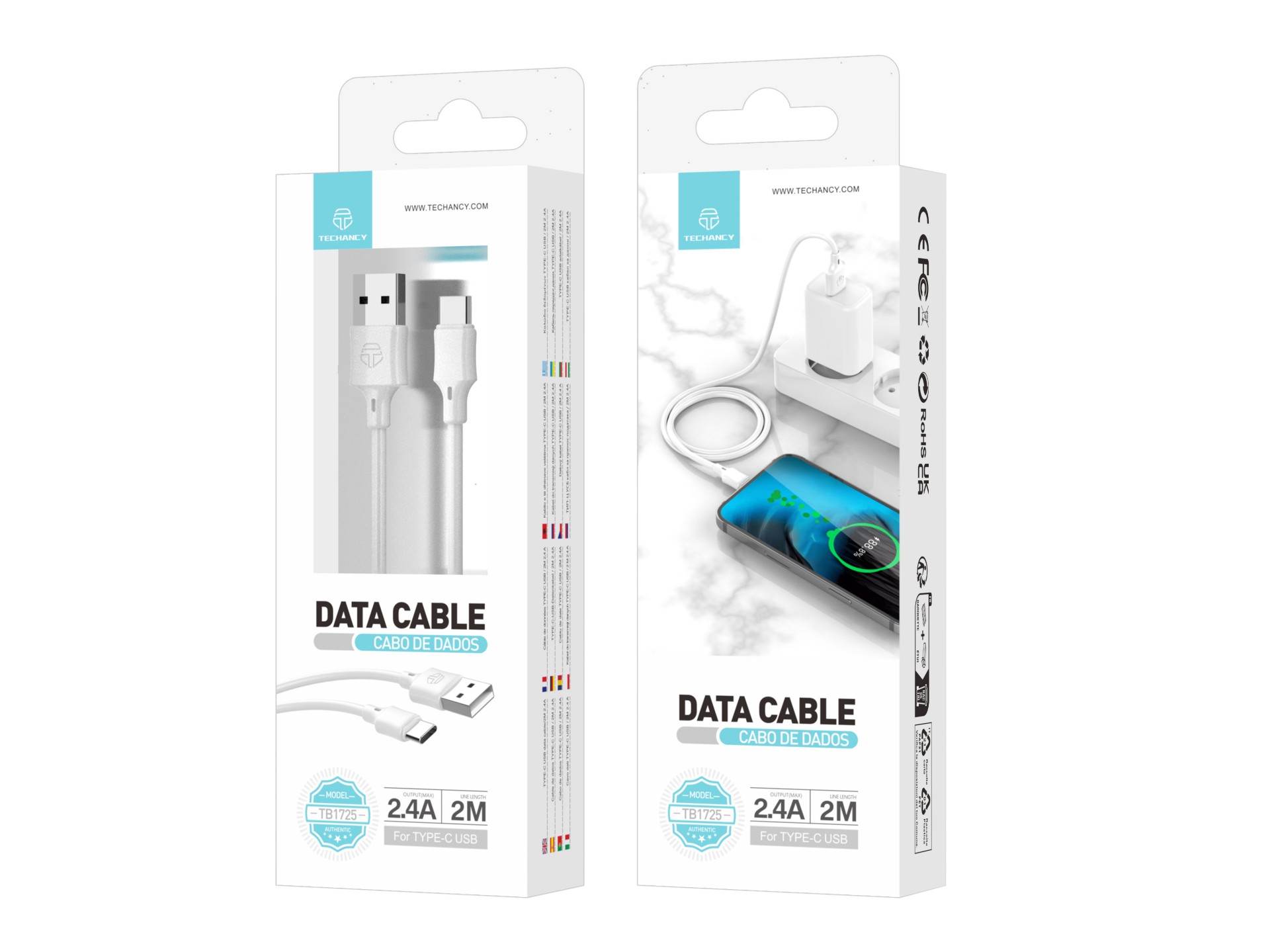 Techancy Cabo De Dados Usb-Tipo C Branco TB1725, 2 M De Comprimento, 2,4 A De Carregamento, Compatív