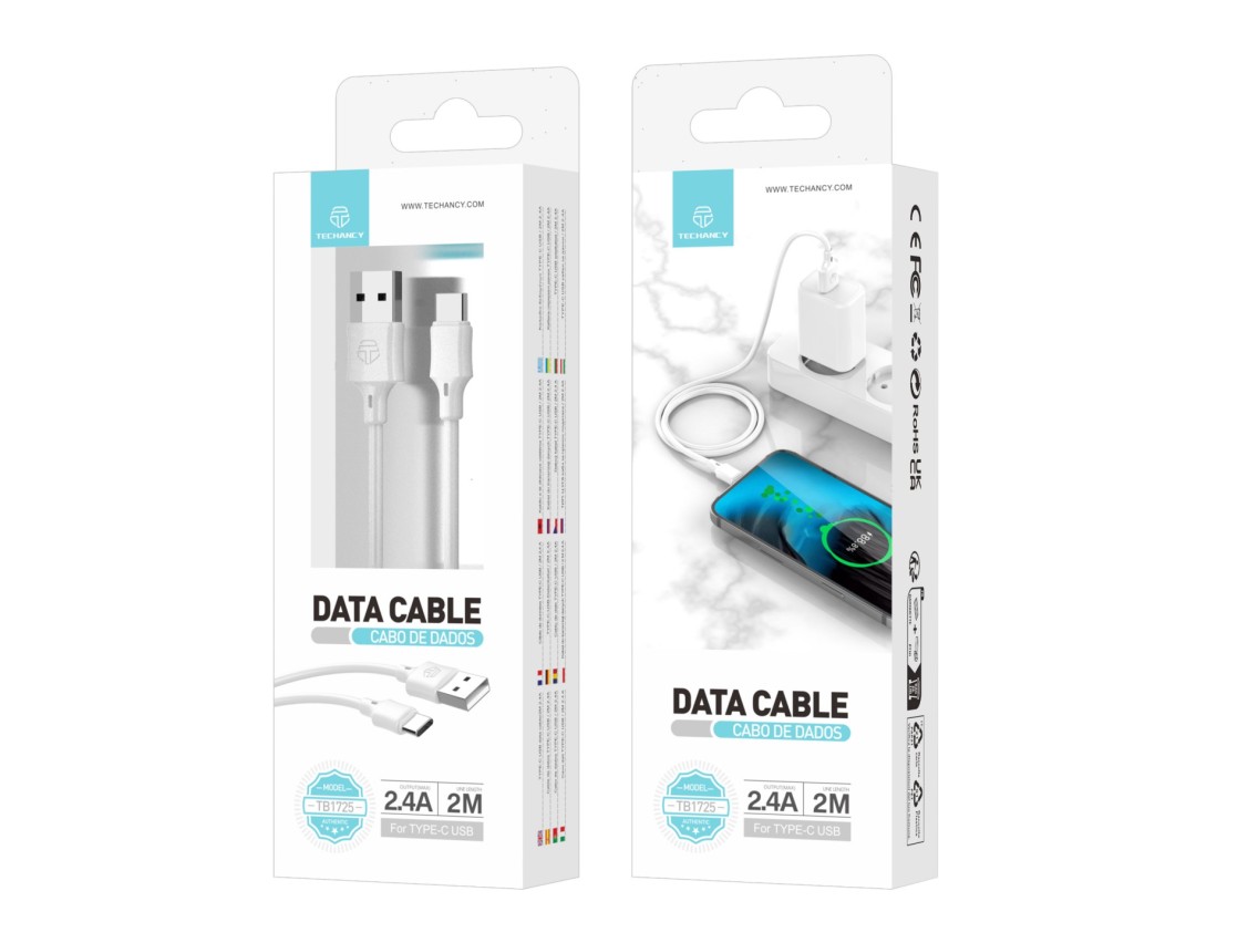 Techancy Cabo De Dados Usb-Tipo C Branco TB1725, 2 M De Comprimento, 2,4 A De Carregamento, Compatív