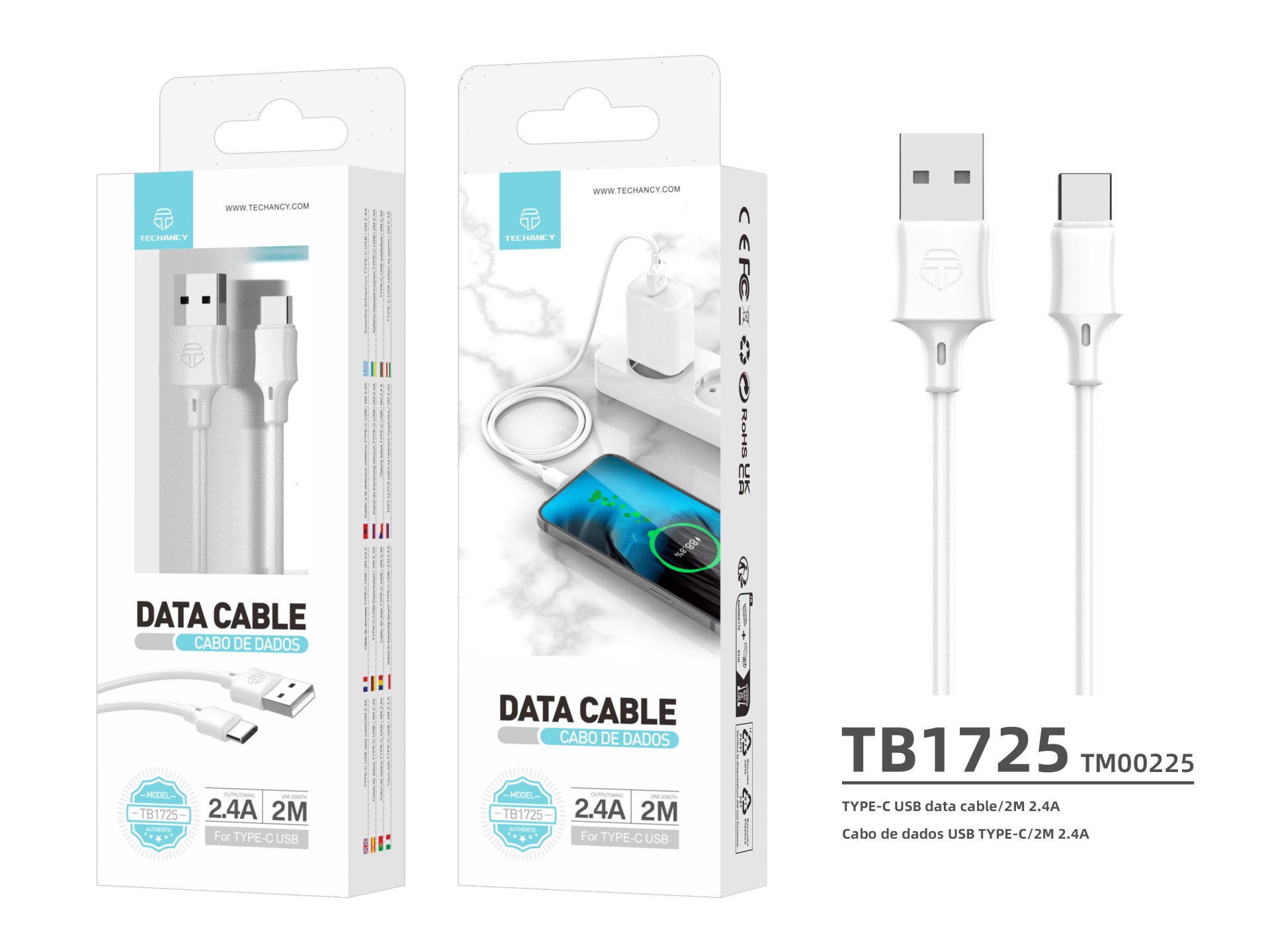 Techancy Cabo De Dados Usb-Tipo C Branco TB1725, 2 M De Comprimento, 2,4 A De Carregamento, Compatív