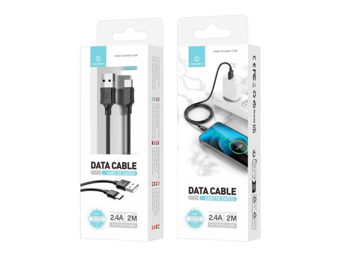 Techancy Cabo De Dados Usb-Tipo C Preto TB1725, 2m De Longa Distância, Carregamento De 2,4a, Compatí