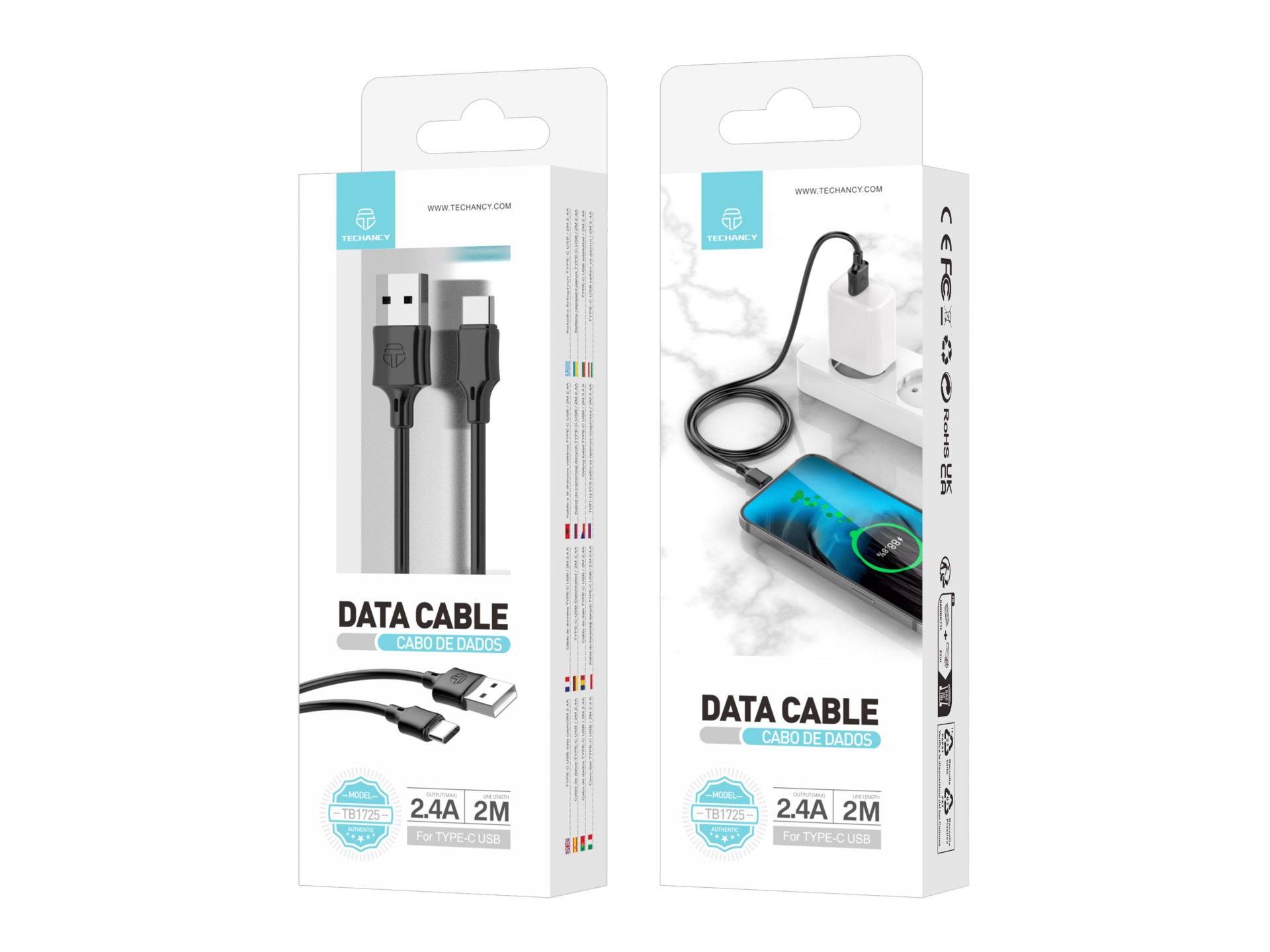 Techancy Cabo De Dados Usb-Tipo C Preto TB1725, 2m De Longa Distância, Carregamento De 2,4a, Compatí