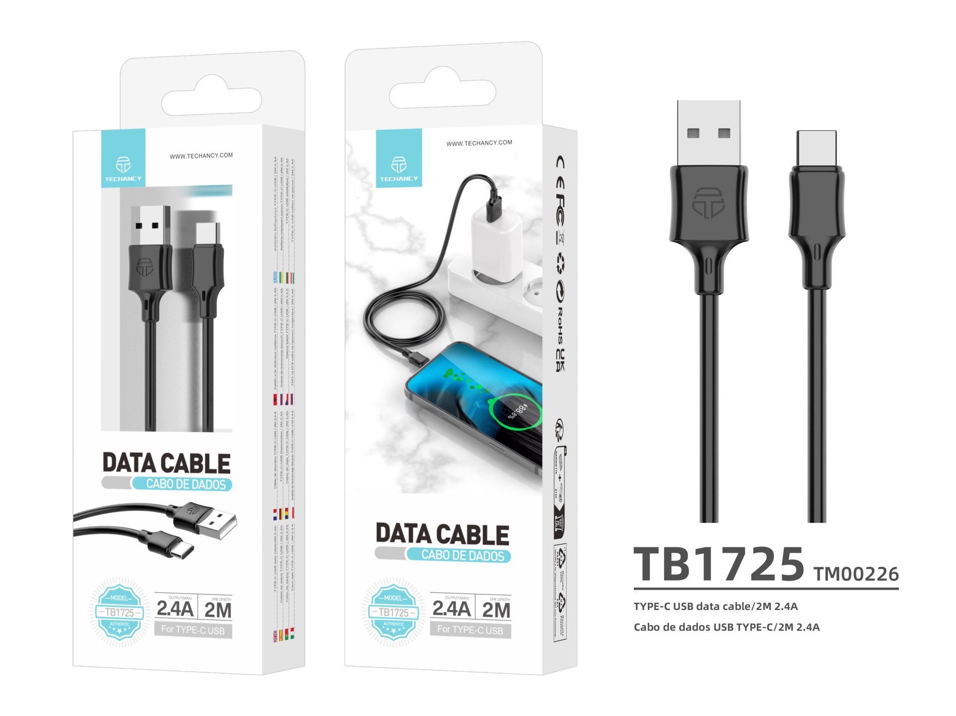 Techancy Cabo De Dados Usb-Tipo C Preto TB1725, 2m De Longa Distância, Carregamento De 2,4a, Compatí