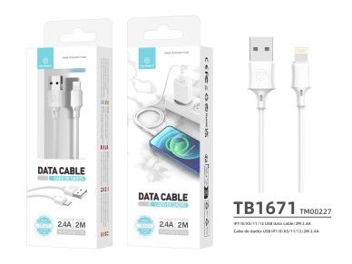 Techancy USB-Lightning Data Cable White TB1671, 2m Distance, 2.4A Charging, Compatible with iPhone/i
