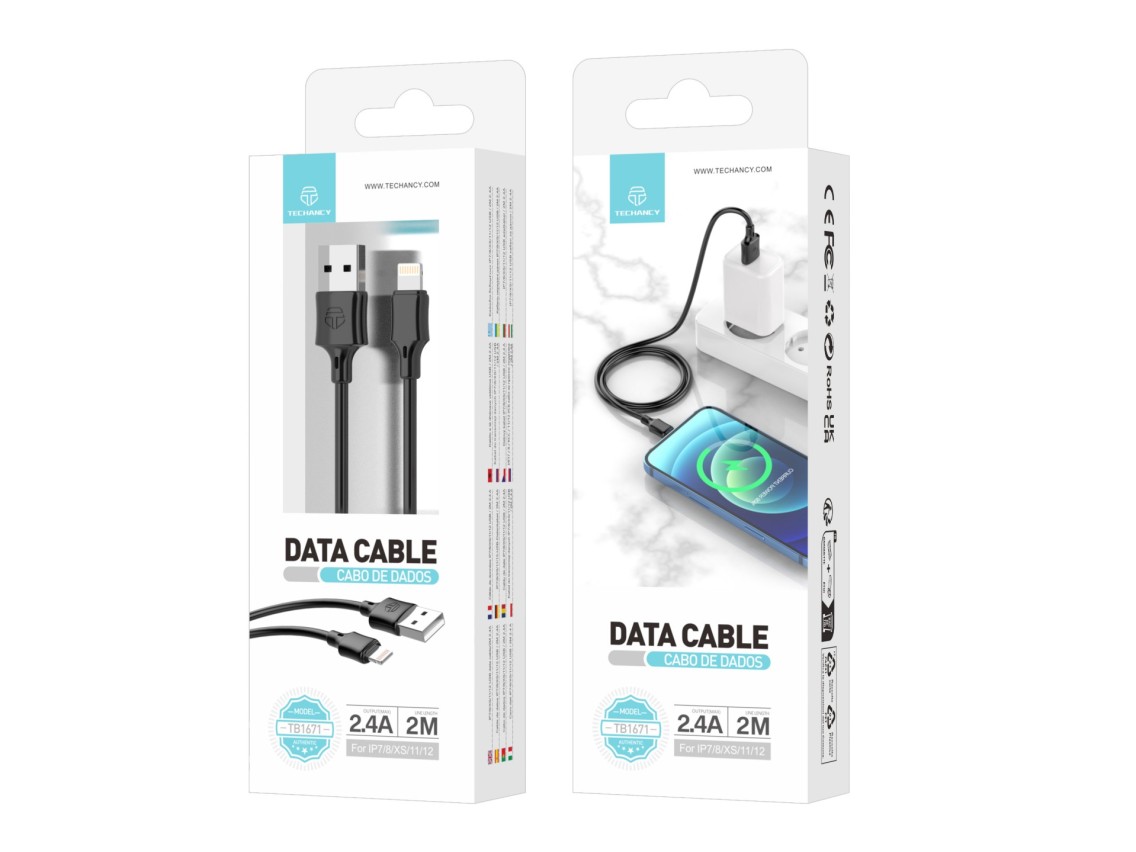 Cable de datos Techancy -Lightning Techancy TB1671, negro, 2 metros de distancia, carga de 2,4 A, co