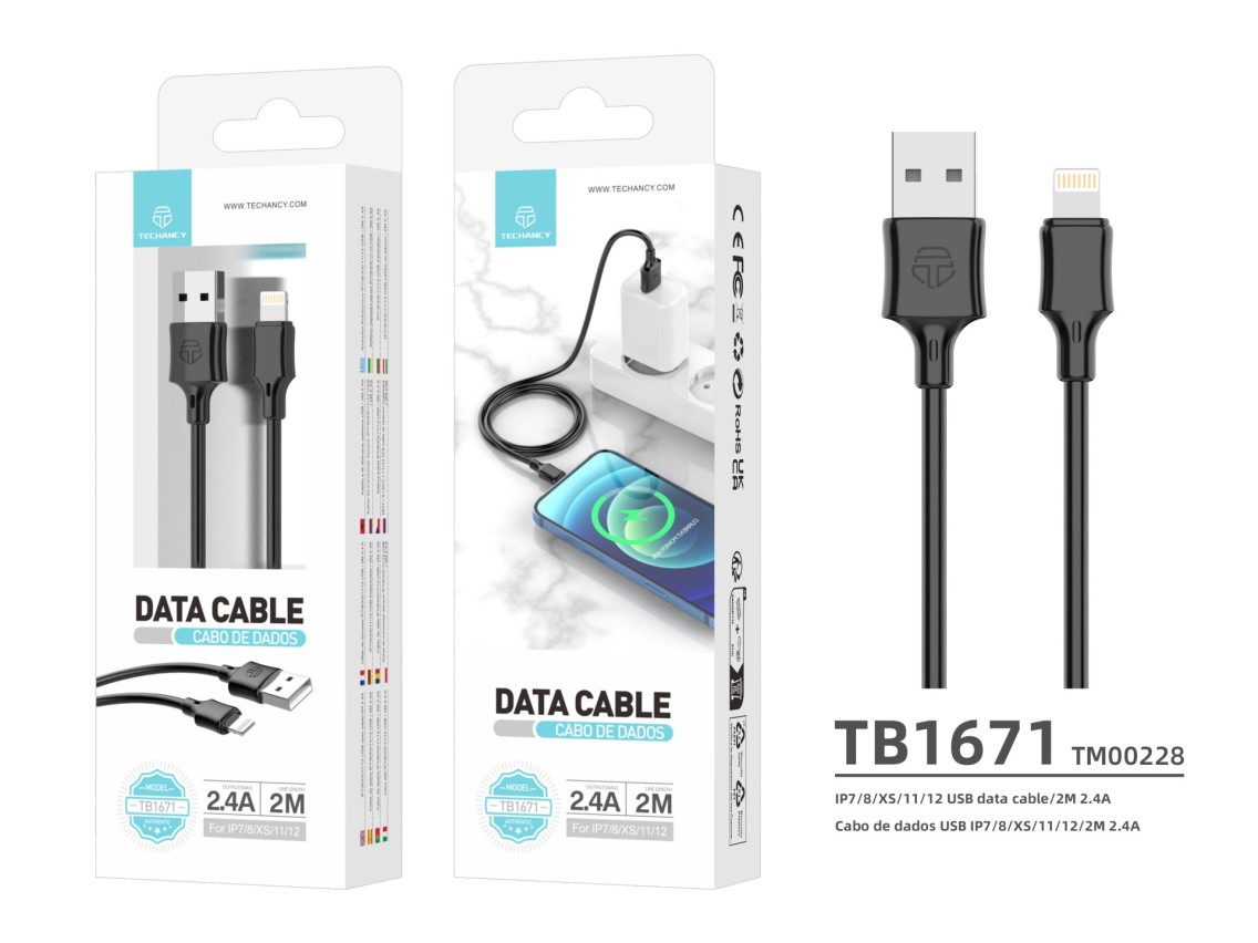 Cable de datos Techancy -Lightning Techancy TB1671, negro, 2 metros de distancia, carga de 2,4 A, co