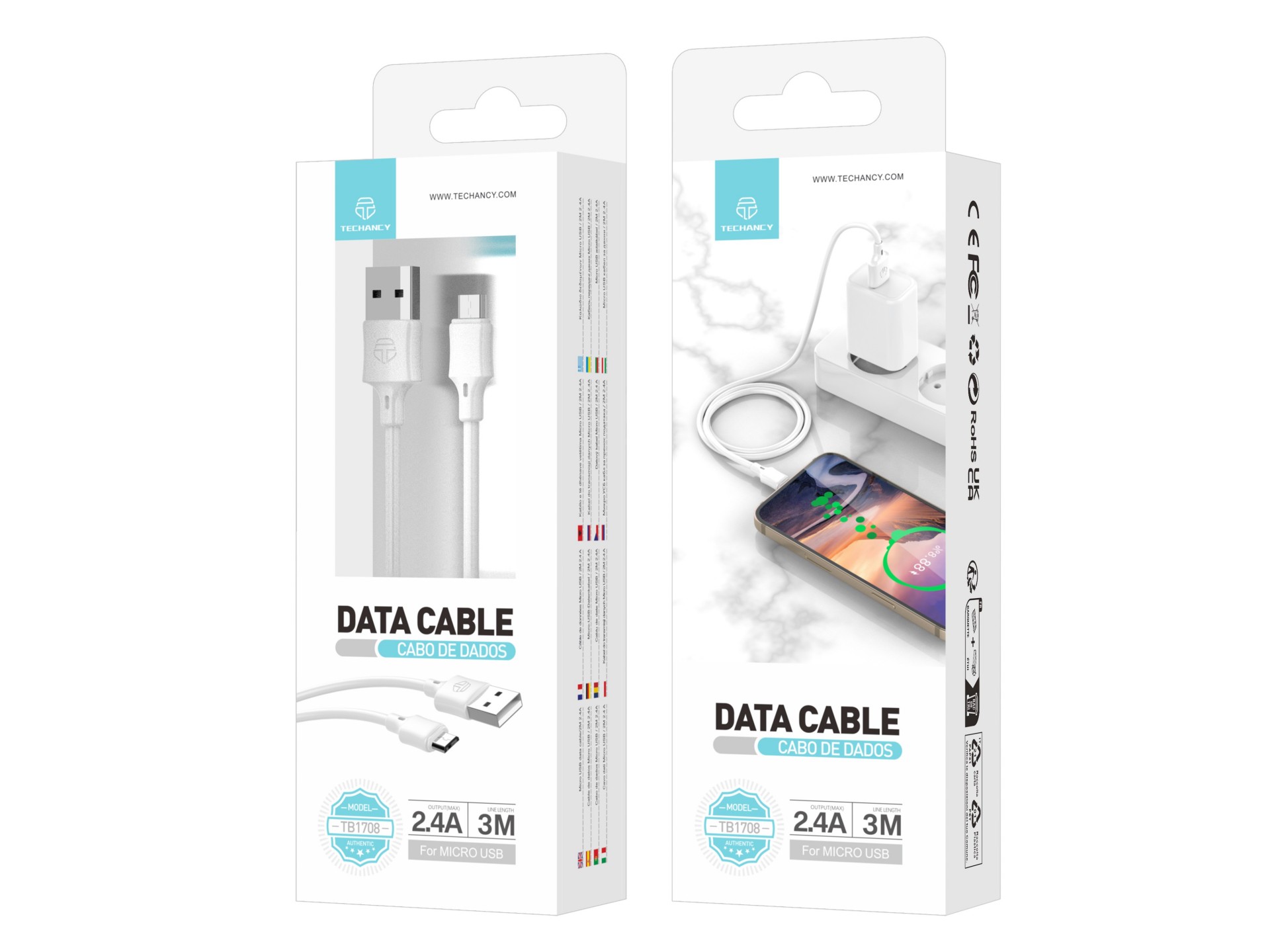 Techancy Charging Cable 3m USB-Micro White TB1708, 2.4A Fast Charging, Long Range Charging 3m