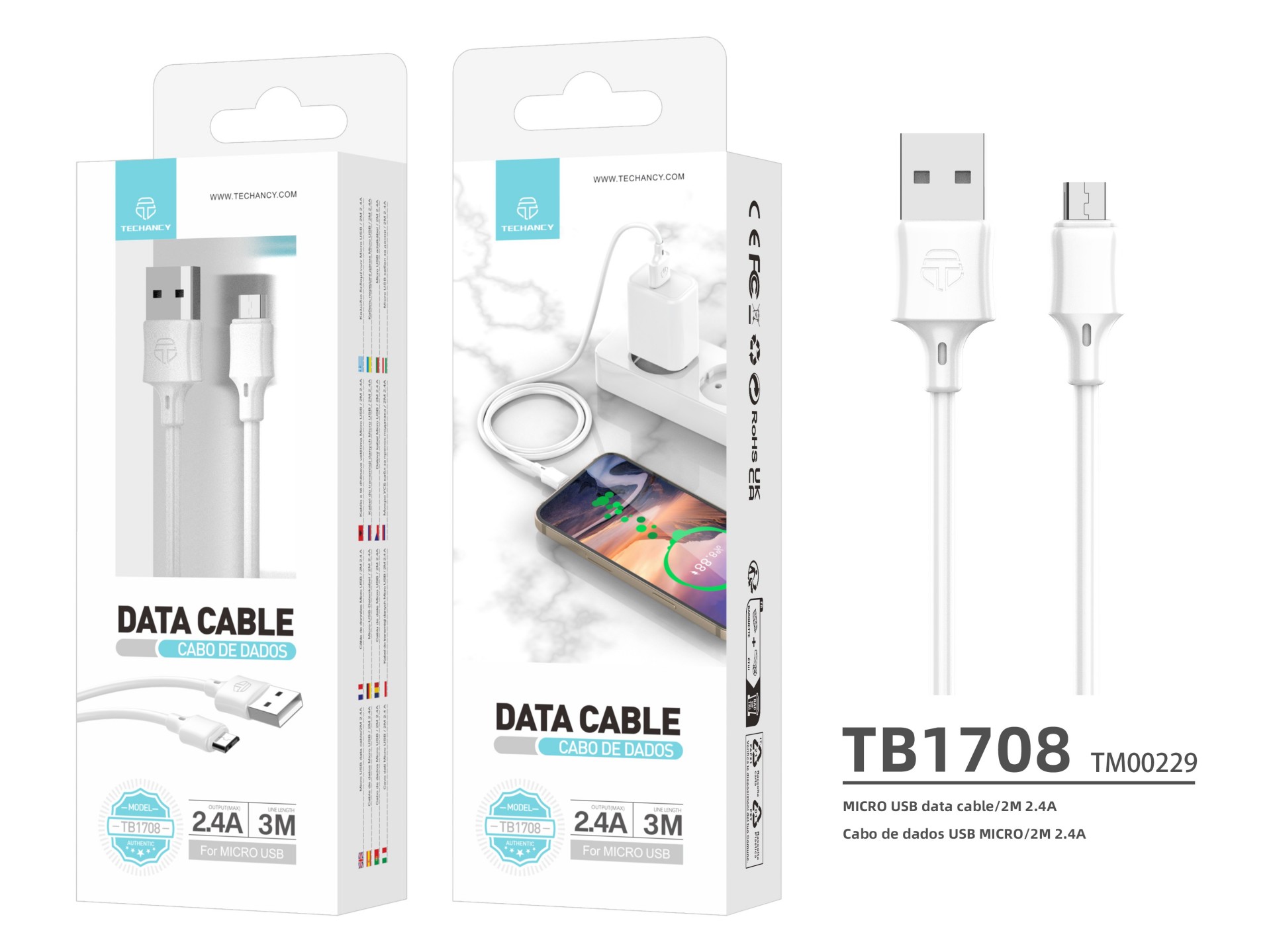 Techancy Charging Cable 3m USB-Micro White TB1708, 2.4A Fast Charging, Long Range Charging 3m