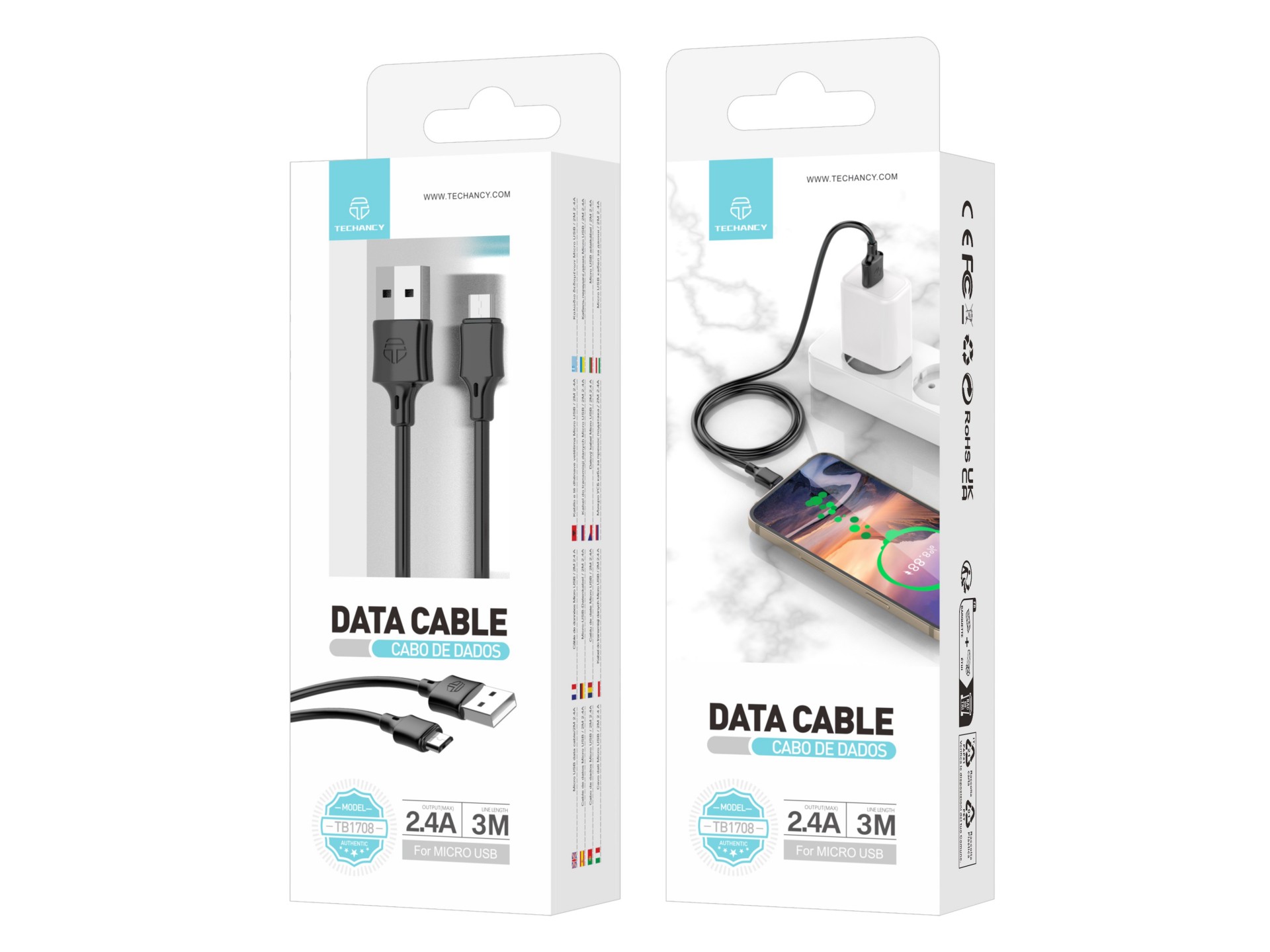 Techancy Charging Cable 3m USB-Micro Black TB1708, 2.4A Fast Charging, Long Range Charging 3m