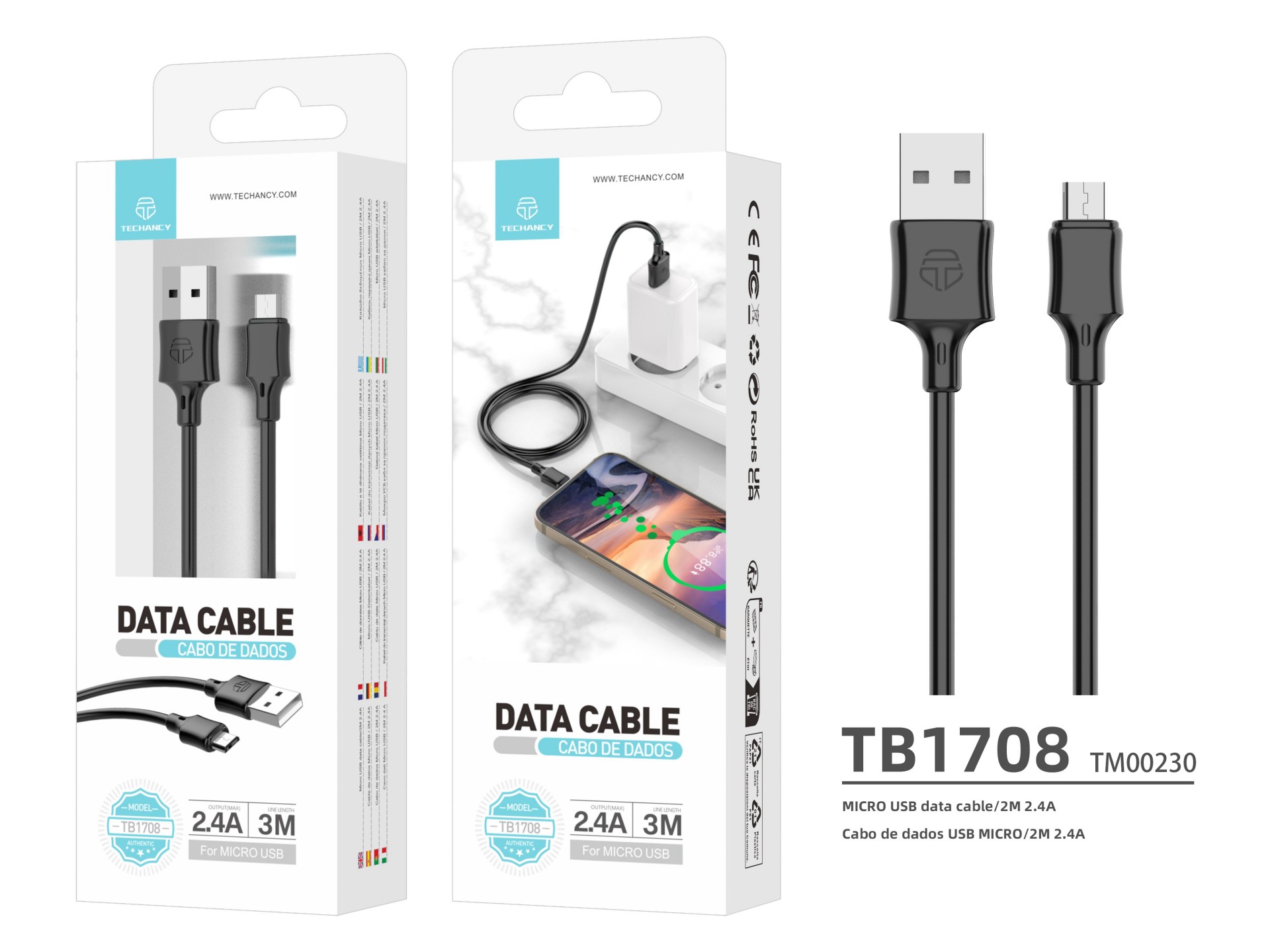 Techancy Charging Cable 3m USB-Micro Black TB1708, 2.4A Fast Charging, Long Range Charging 3m