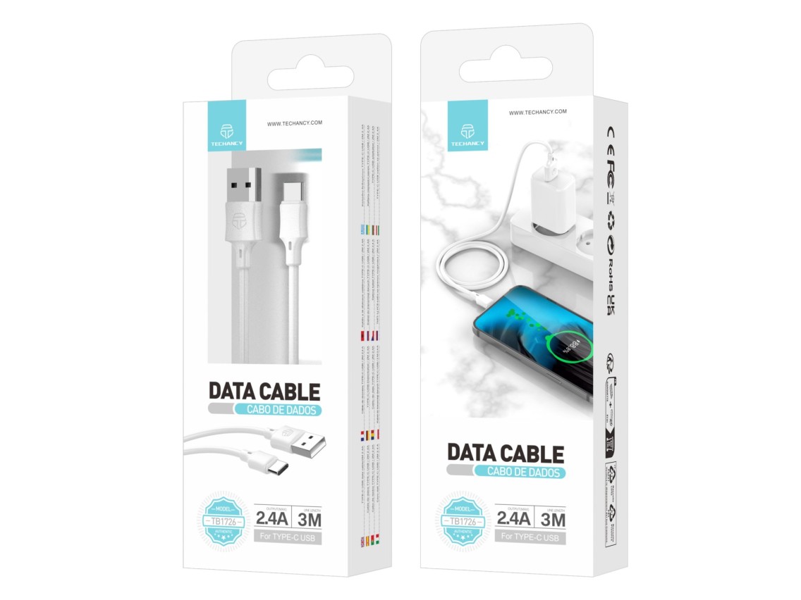 Techancy Cabo De Carregamento 3m Usb- Tipo C Branco TB1726, Carregamento R�pido De 2,4 A, Carregamen