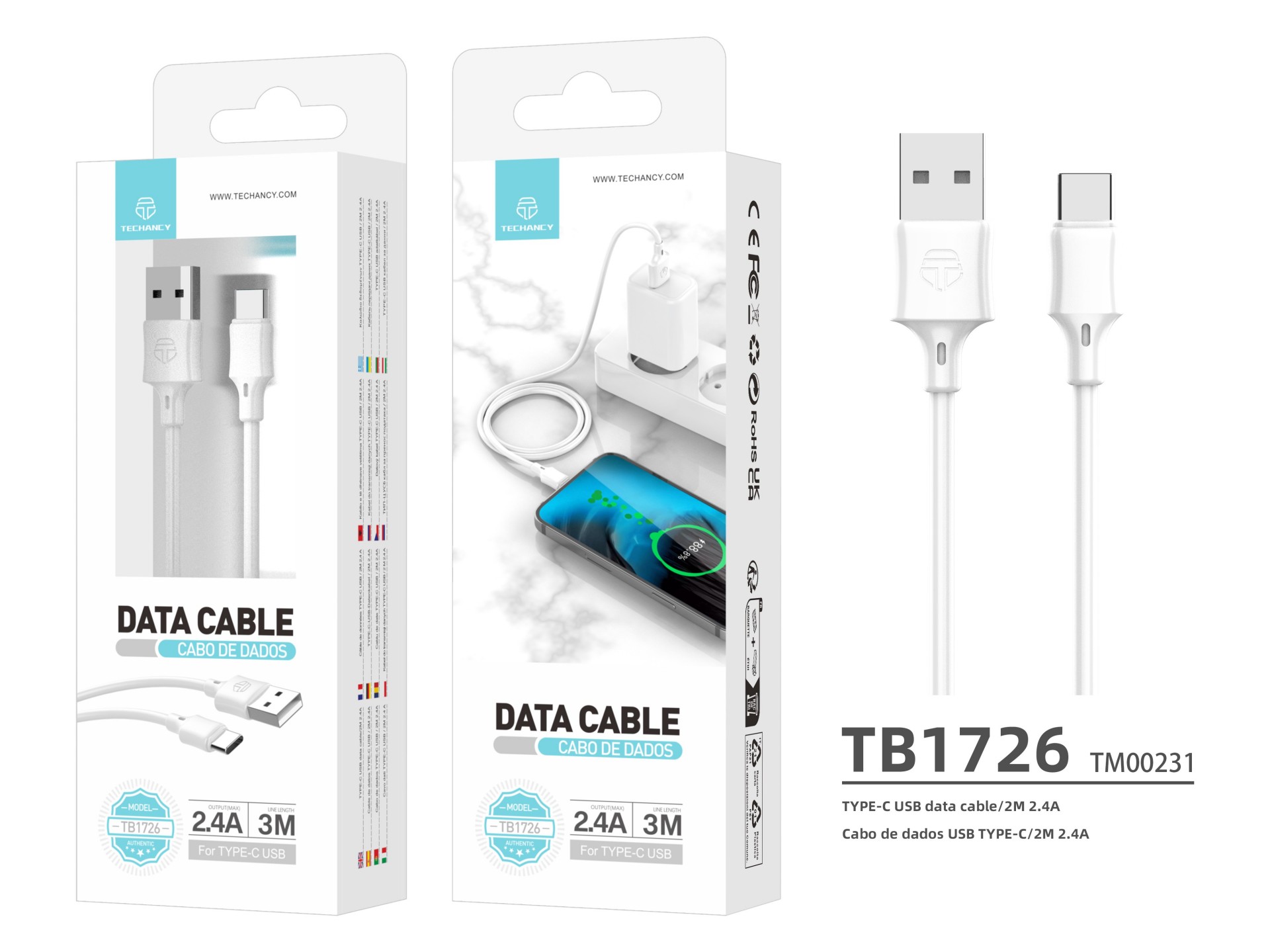 Techancy Cabo De Carregamento 3m Usb- Tipo C Branco TB1726, Carregamento Rápido De 2,4 A, Carregamen