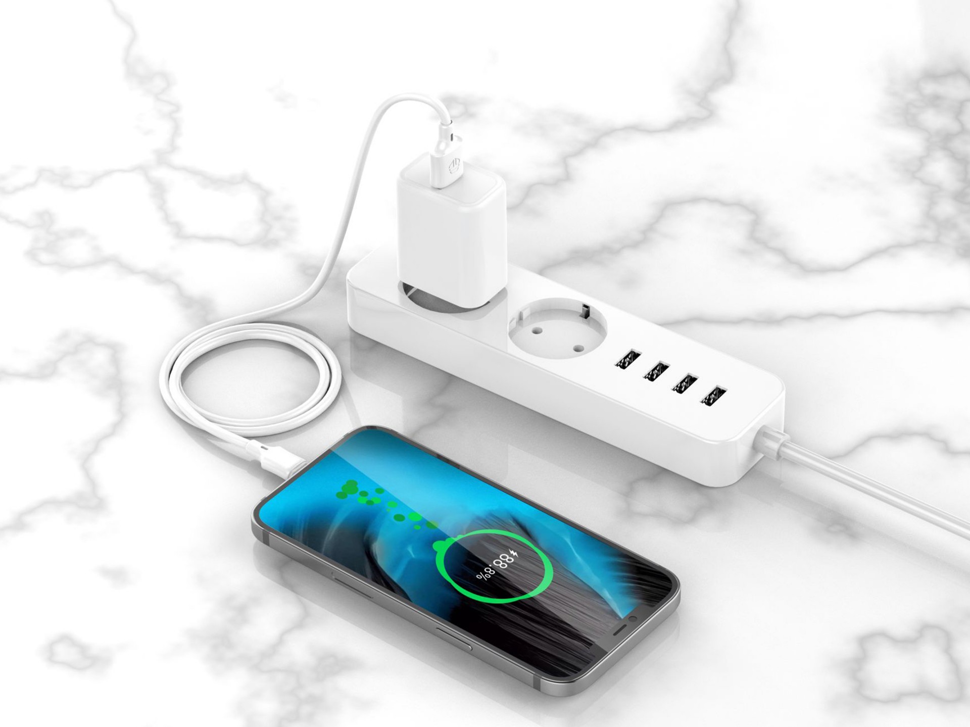 Techancy Cabo De Carregamento 3m Usb- Tipo C Branco TB1726, Carregamento Rápido De 2,4 A, Carregamen