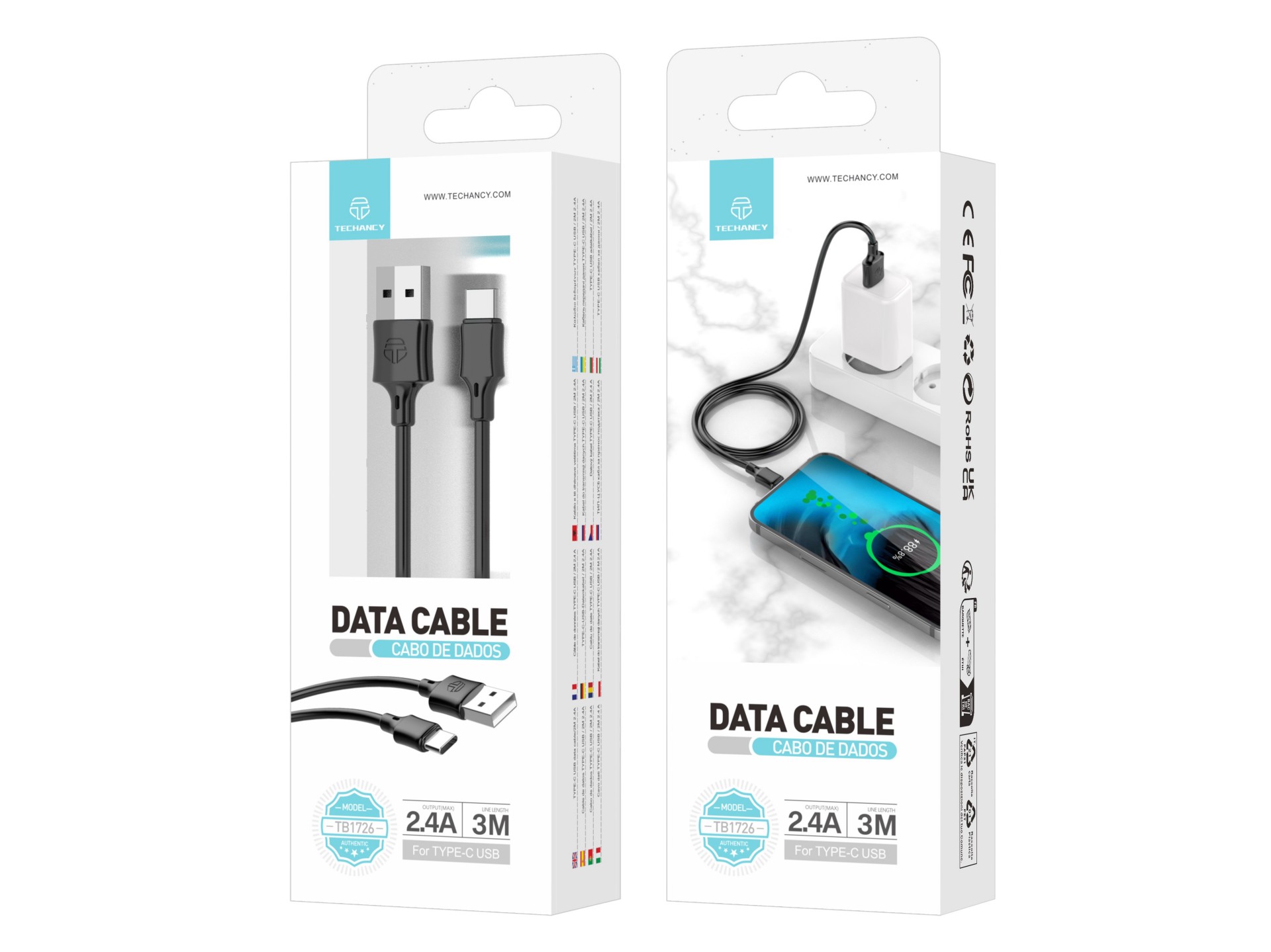 Techancy Cabo De Carregamento 3m Usb- Tipo C Preto TB1726, Carregamento Rápido De 2,4 A, Carregament