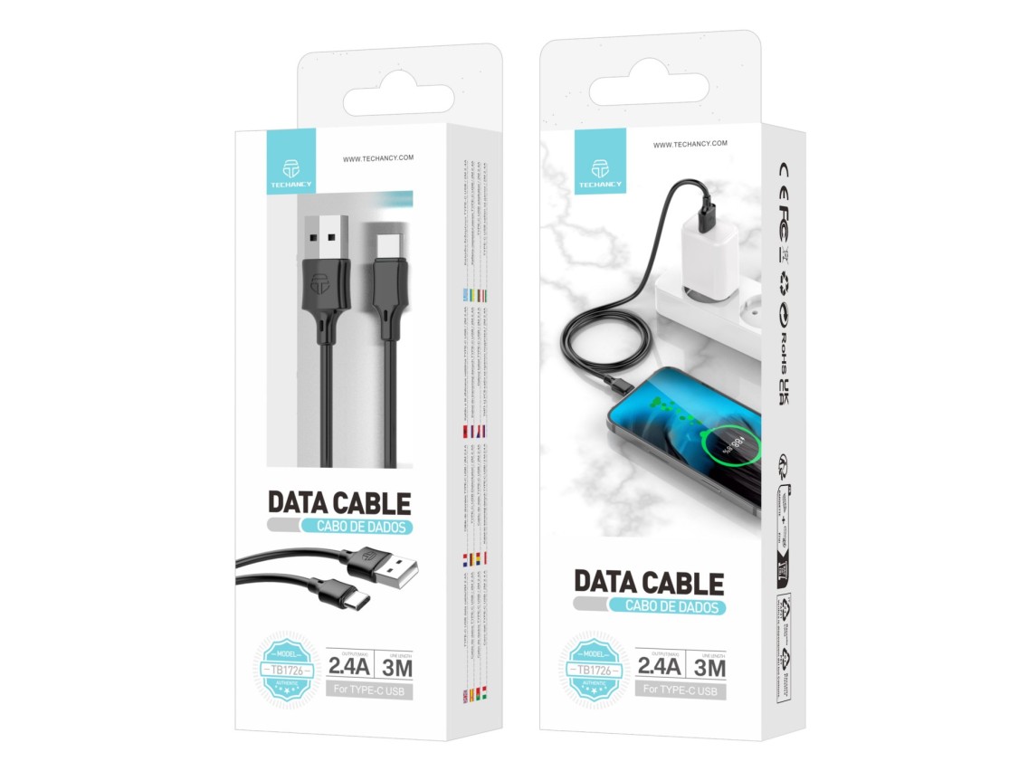 Techancy Cabo De Carregamento 3m Usb- Tipo C Preto TB1726, Carregamento R�pido De 2,4 A, Carregament