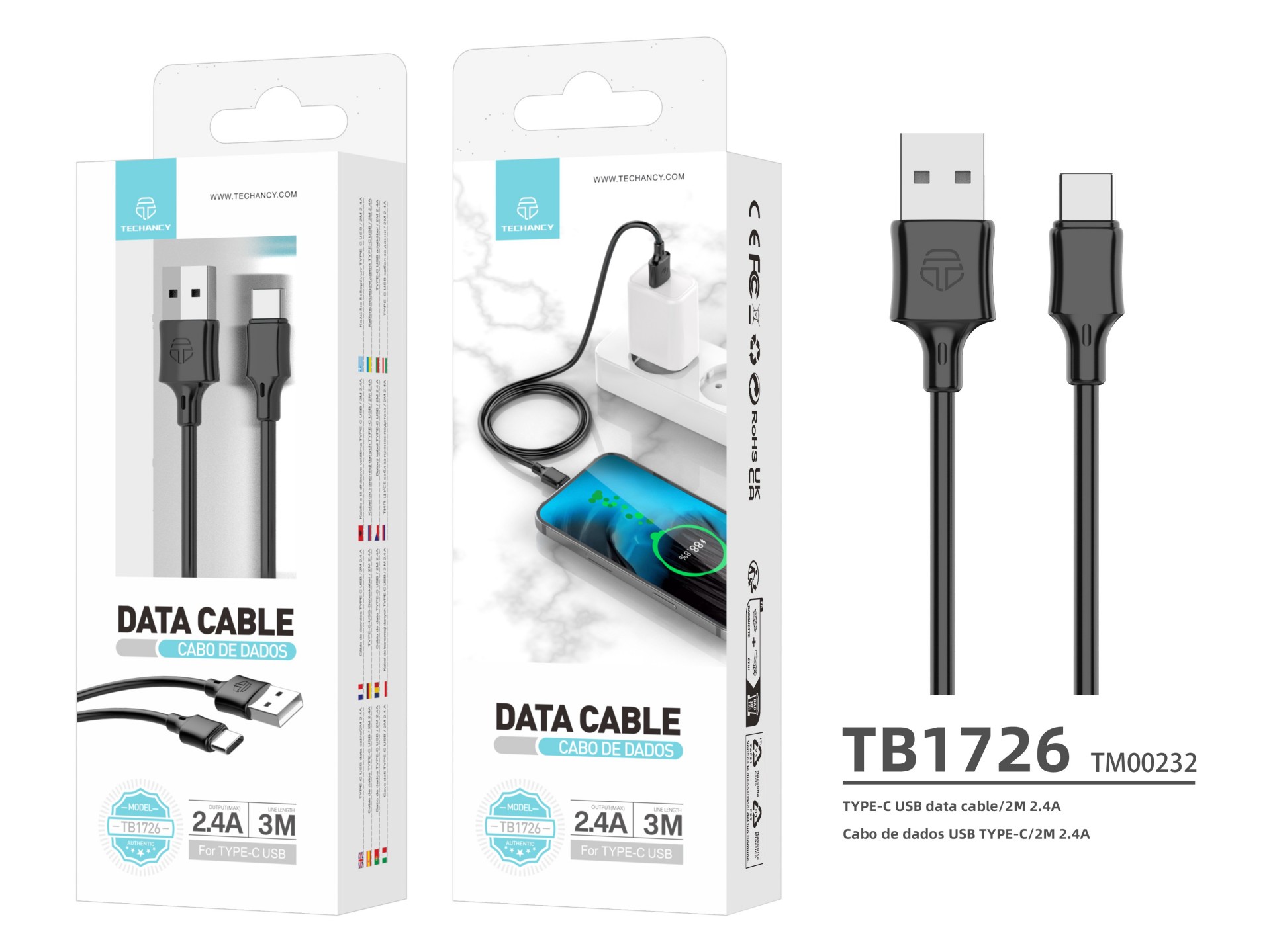 Techancy Cabo De Carregamento 3m Usb- Tipo C Preto TB1726, Carregamento Rápido De 2,4 A, Carregament