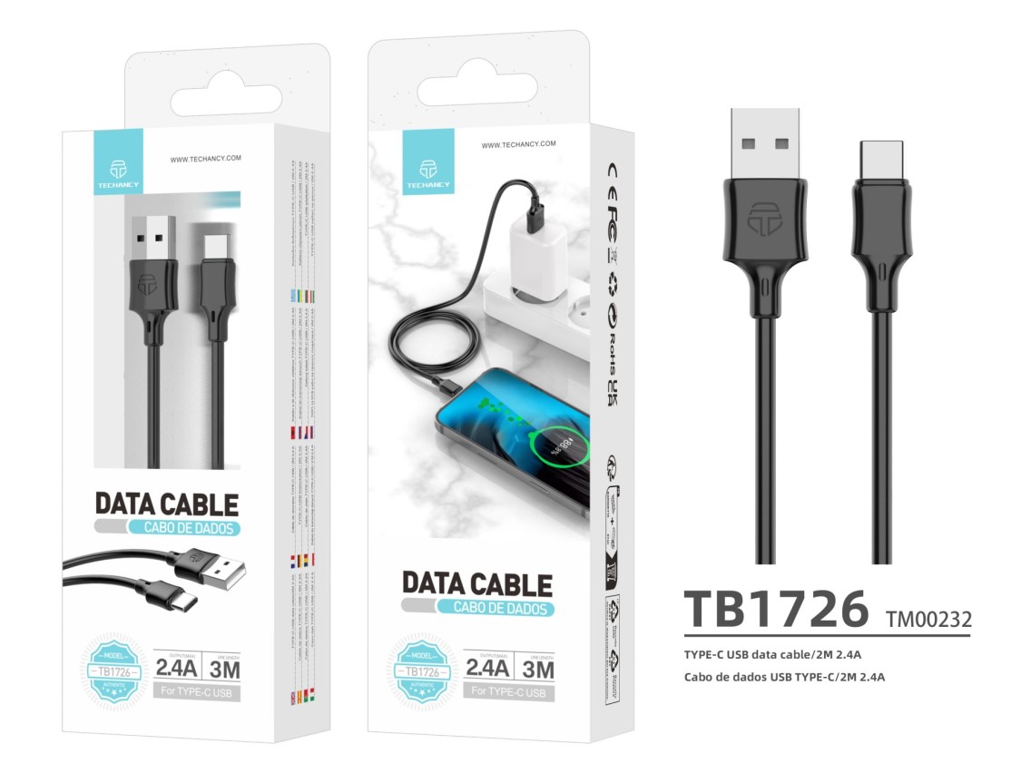 Techancy Cabo De Carregamento 3m Usb- Tipo C Preto TB1726, Carregamento R�pido De 2,4 A, Carregament