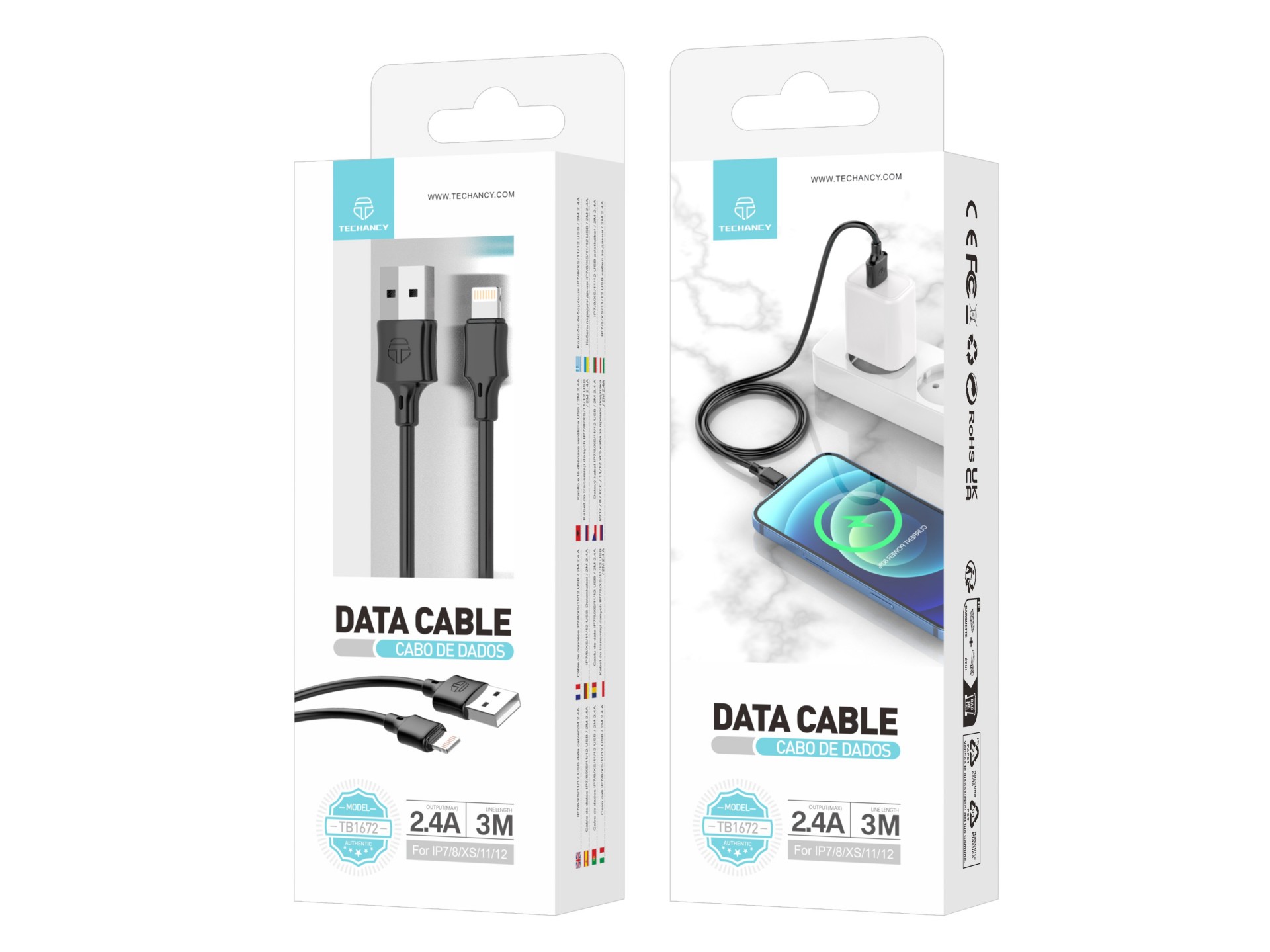 Techancy Cabo De Carregamento 3m Usb- Lightning Preto TB1672, Carregamento Rápido De 2,4 A, Carregam