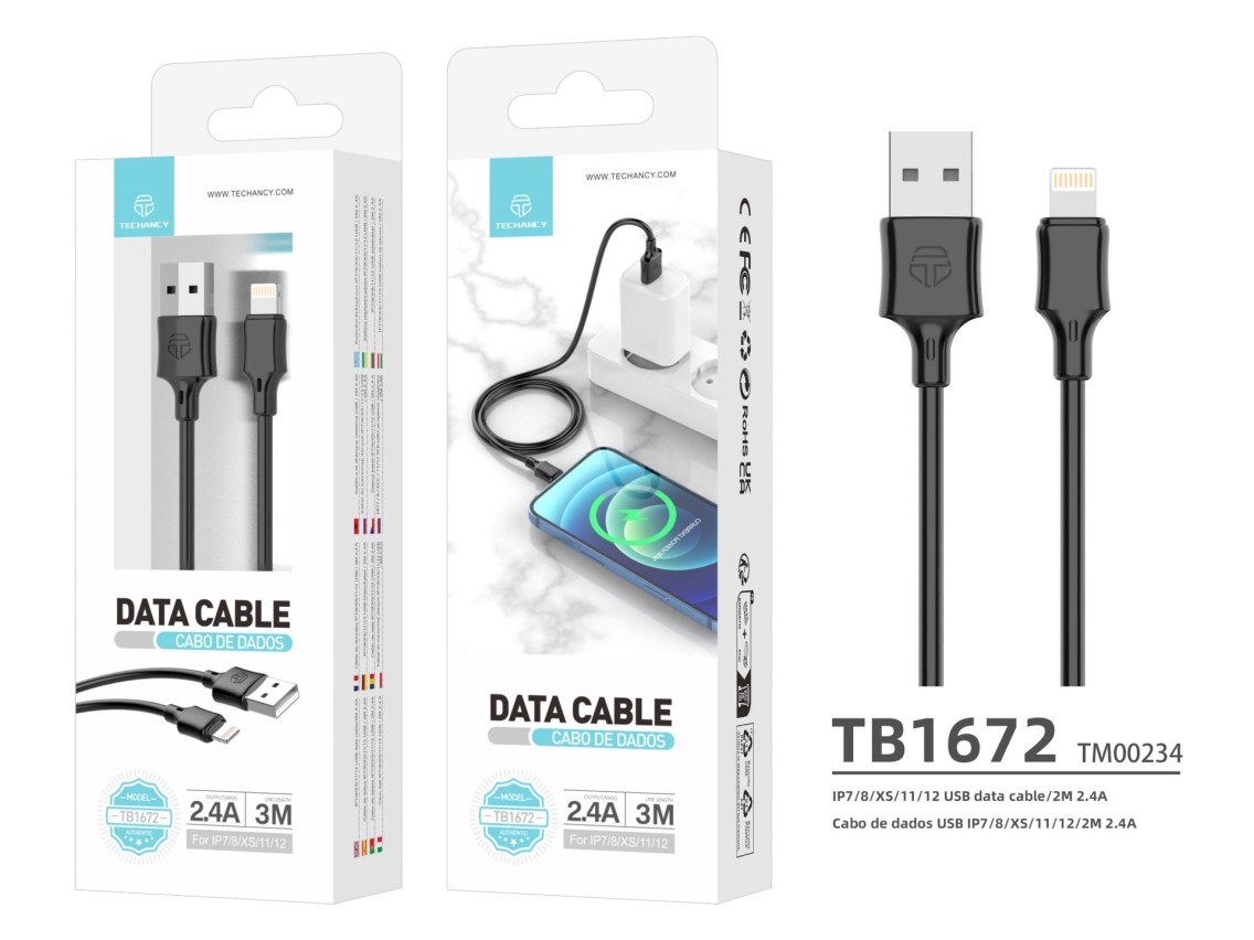 Techancy Cabo De Carregamento 3m Usb- Lightning Preto TB1672, Carregamento Rápido De 2,4 A, Carregam
